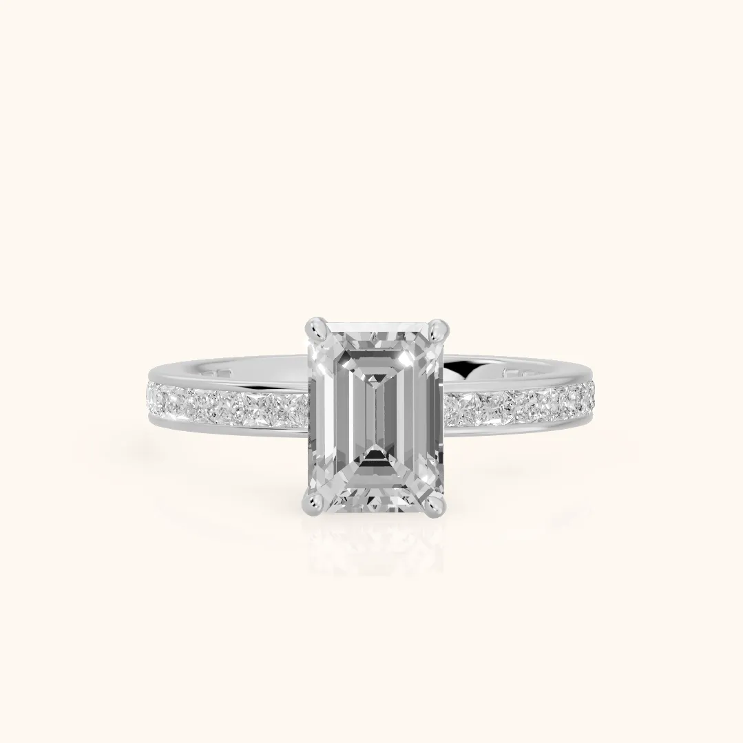 Brielle Channel Set Solitaire Emerald Diamond Ring in White Gold — view 2