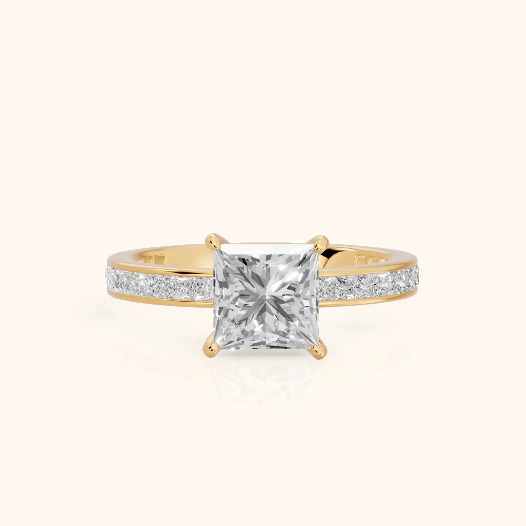 Brielle Channel Set Solitaire Princess Diamond Ring in Yellow Gold — view 2