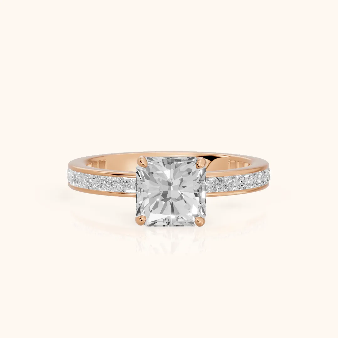 Brielle Channel Set Solitaire Radiant Diamond Ring in Rose Gold — view 2