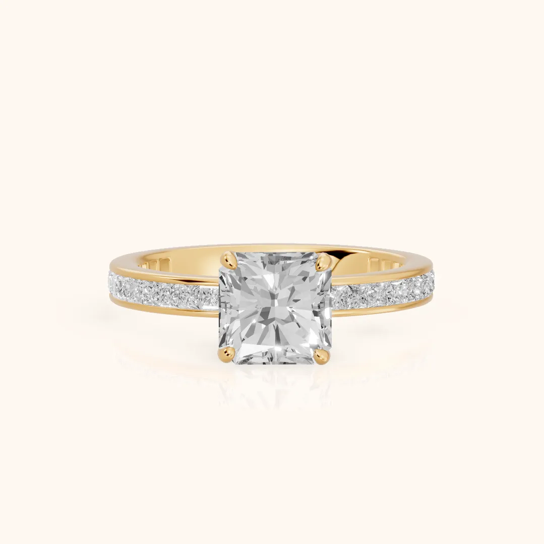 Brielle Channel Set Solitaire Radiant Diamond Ring in Yellow Gold — view 2