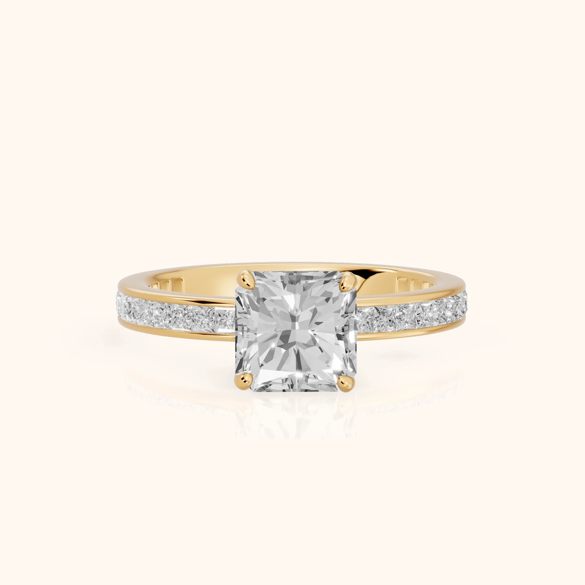 Brielle Channel Set Solitaire Radiant Diamond Ring in Yellow Gold — view 1
