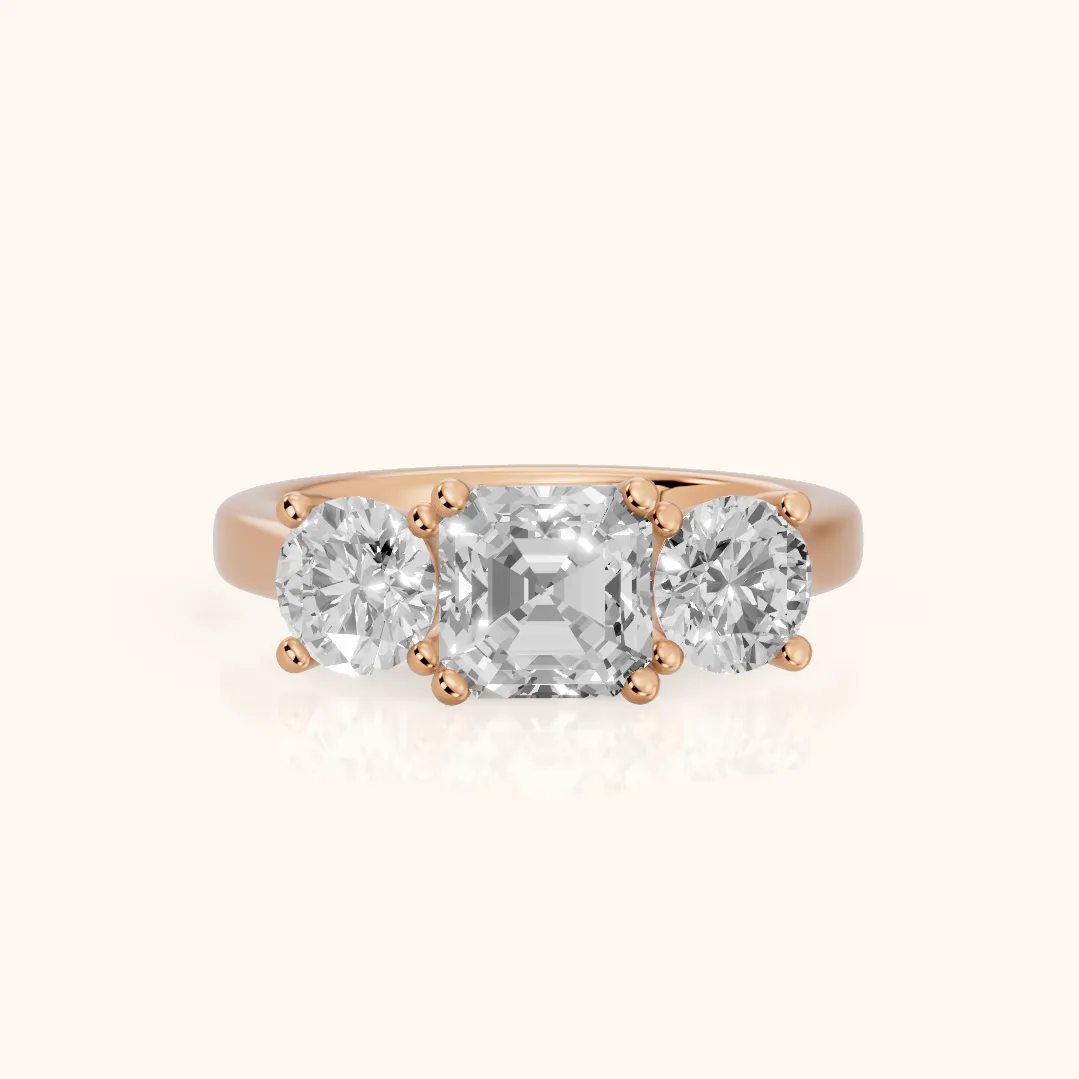 Callie Three-Stone Trellis Asscher Diamond Ring in Rose Gold — view 2