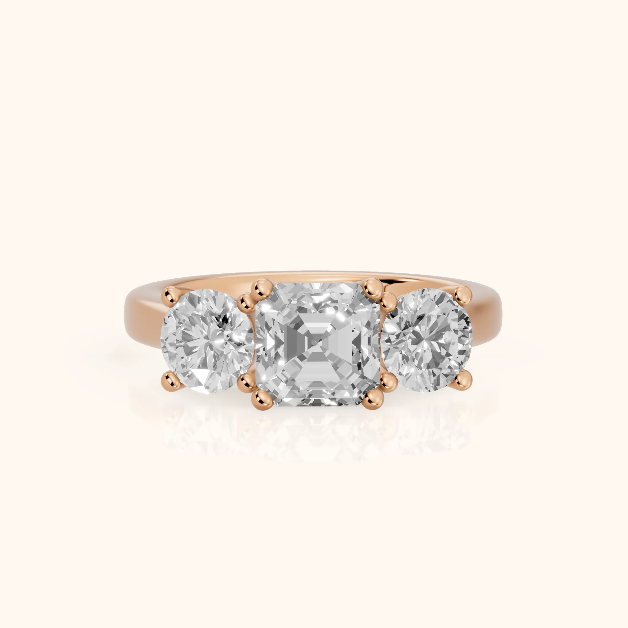 Callie Three-Stone Trellis Asscher Diamond Ring in Rose Gold — view 1
