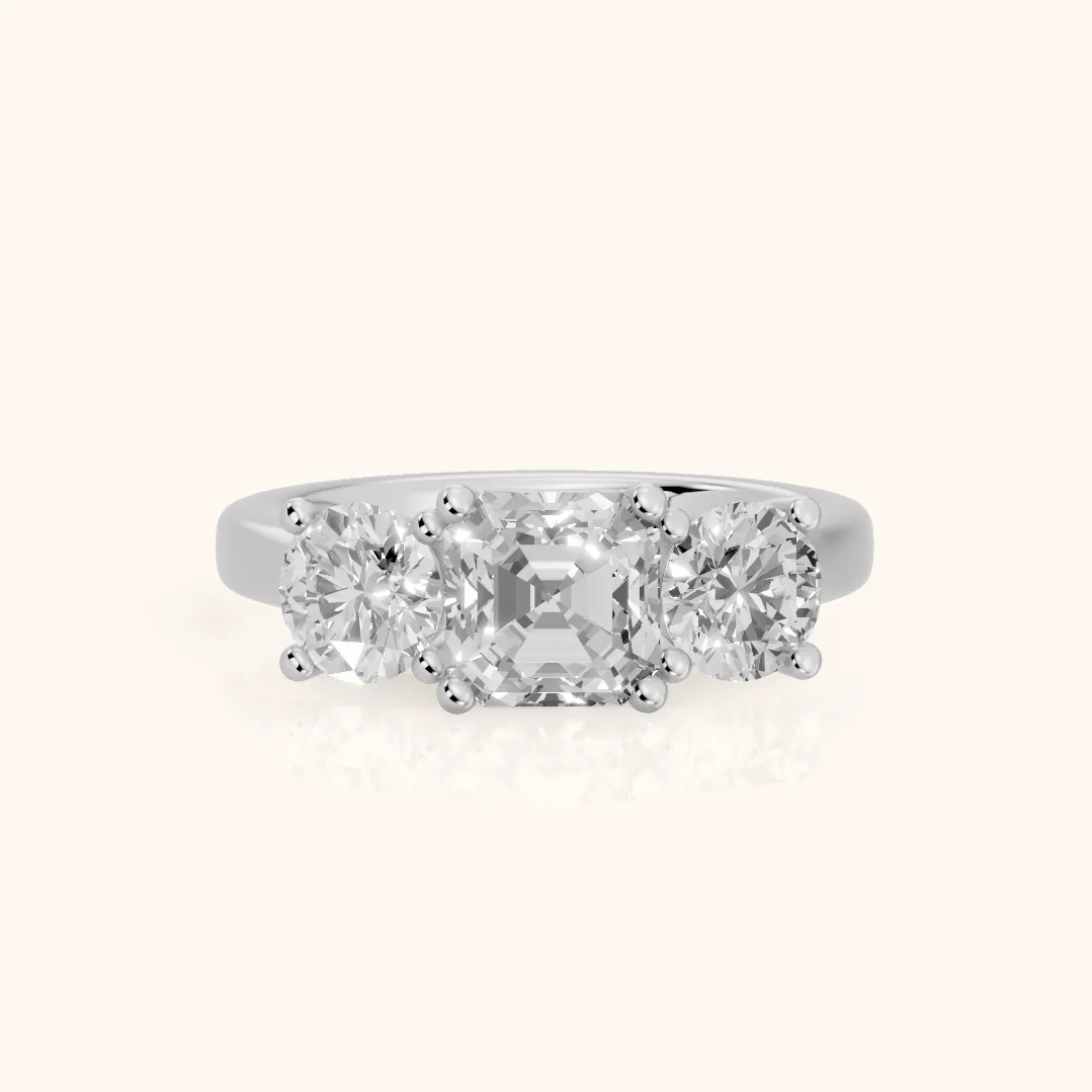 Callie Three-Stone Trellis Asscher Diamond Ring in Silver — view 2