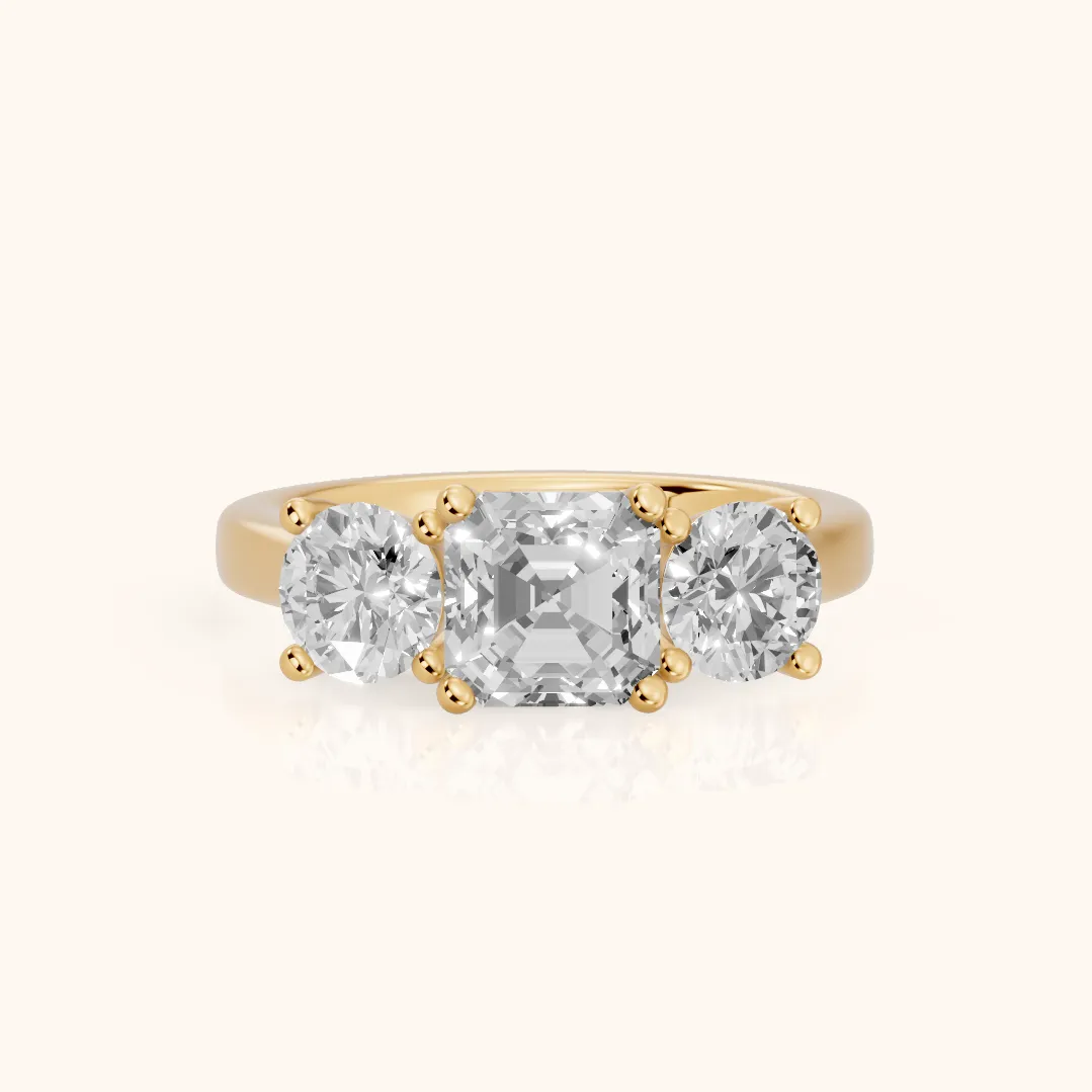 Callie Three-Stone Trellis Asscher Diamond Ring in Yellow Gold — view 2