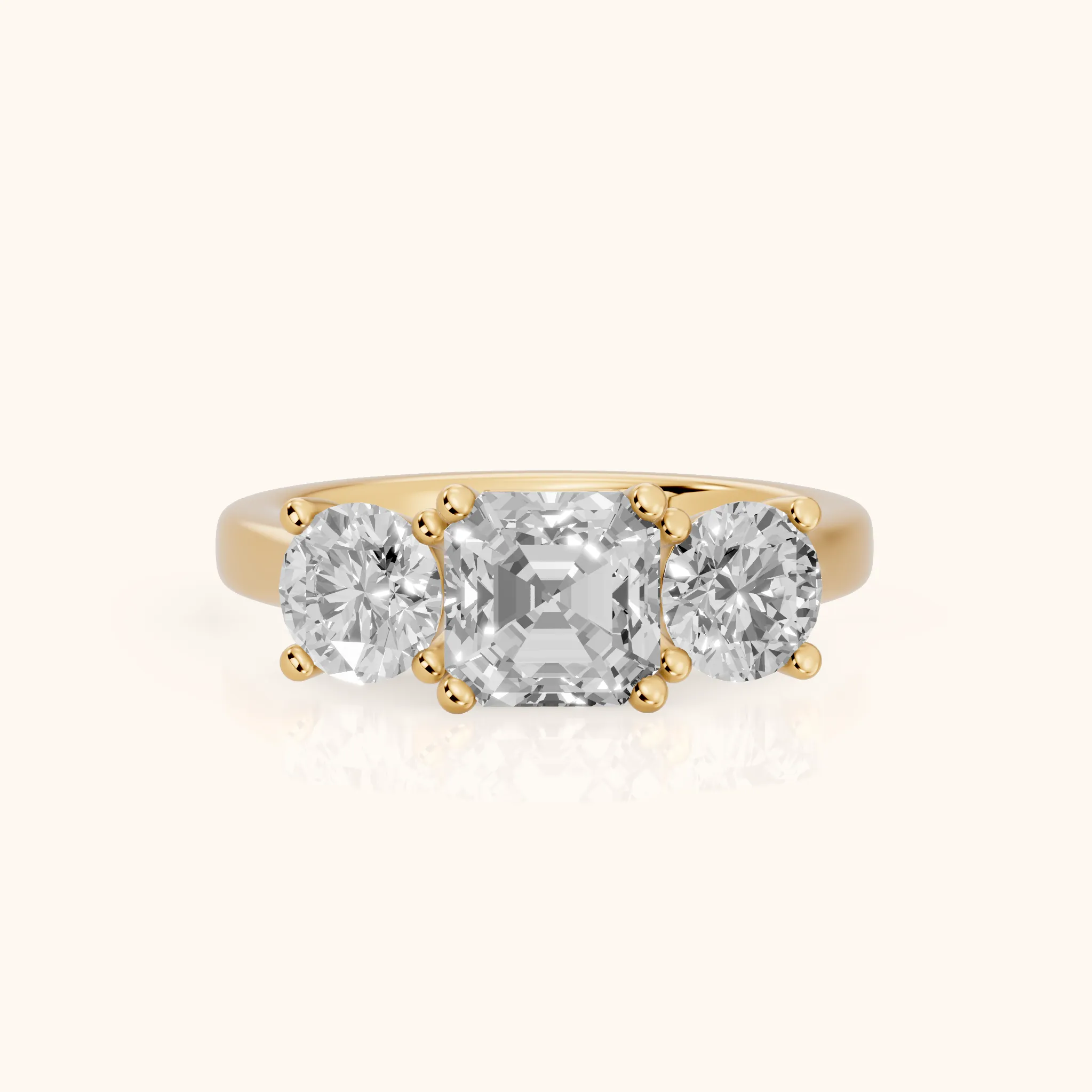 Callie Three-Stone Trellis Asscher Diamond Ring in Yellow Gold — view 1