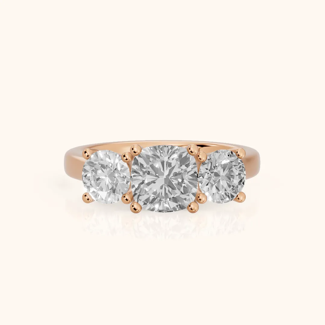 Callie Three-Stone Trellis Cushion Diamond Ring in Rose Gold — view 2