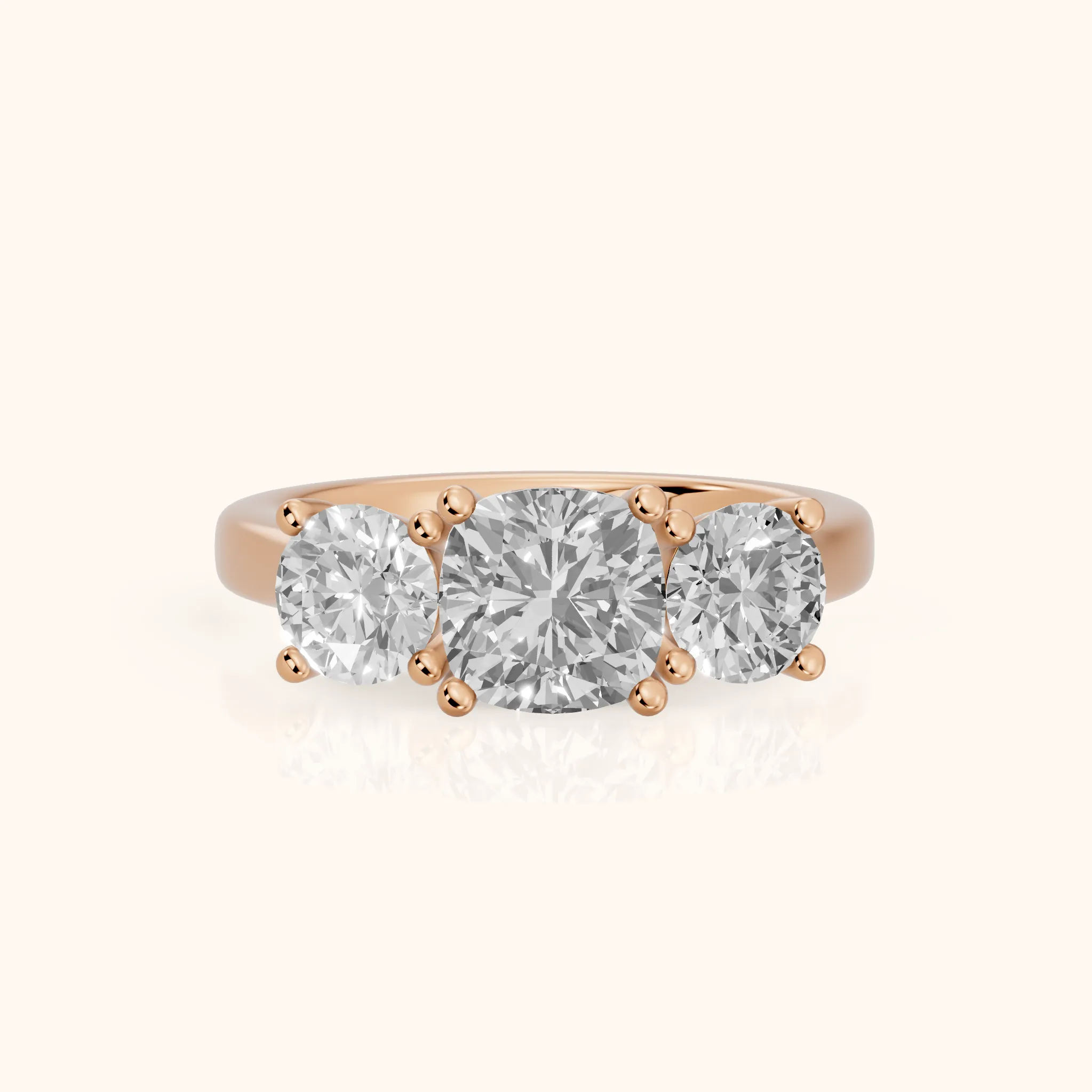 Callie Three-Stone Trellis Cushion Diamond Ring in Rose Gold — view 1