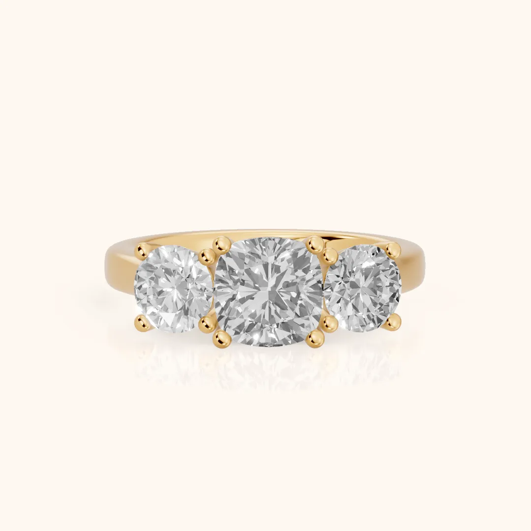 Callie Three-Stone Trellis Cushion Diamond Ring in Yellow Gold — view 2