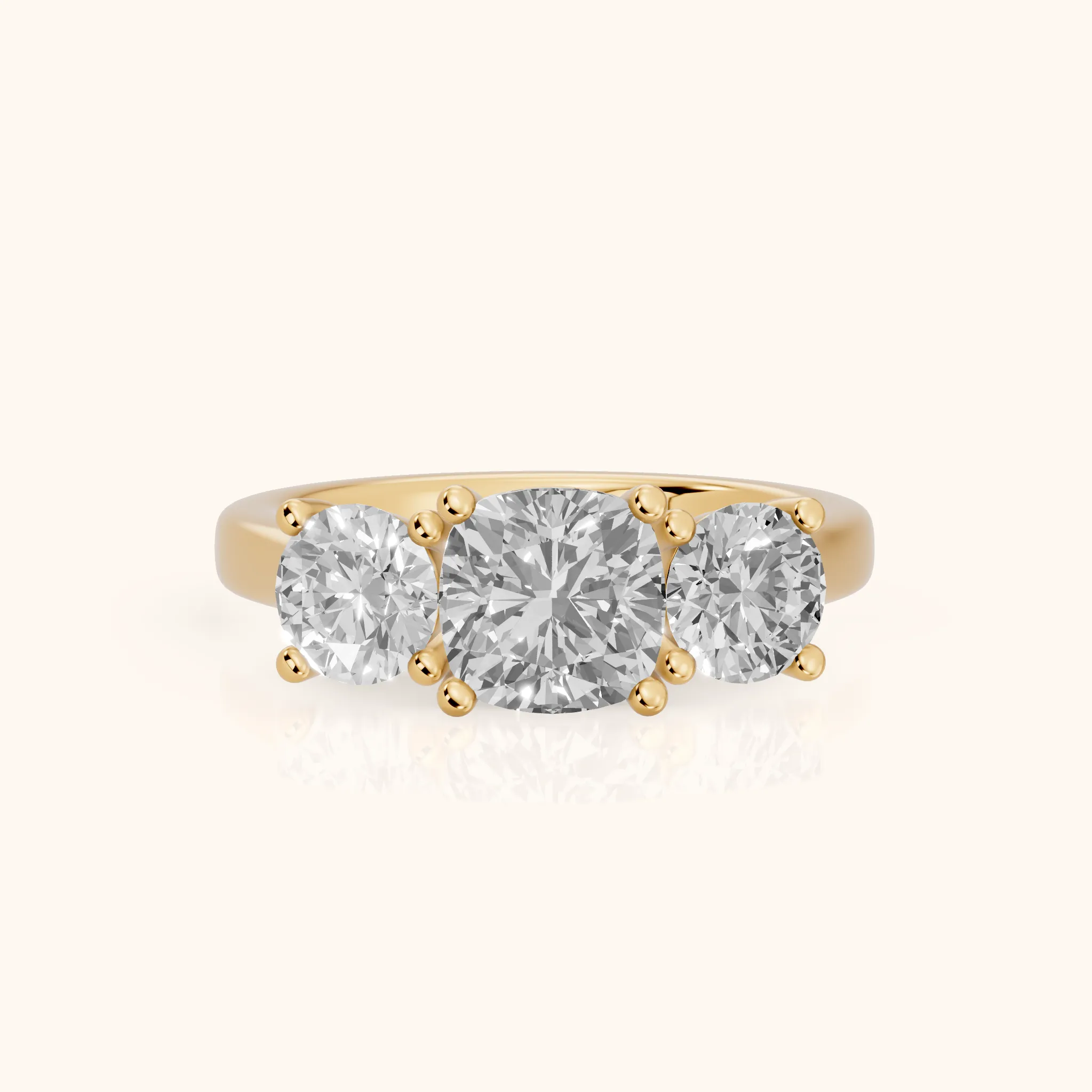 Callie Three-Stone Trellis Cushion Diamond Ring in Yellow Gold — view 1