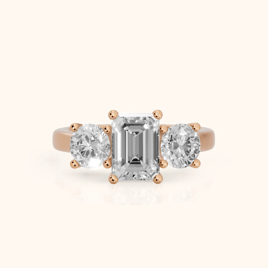 Callie Three-Stone Trellis Emerald Diamond Ring in Rose Gold — view 2