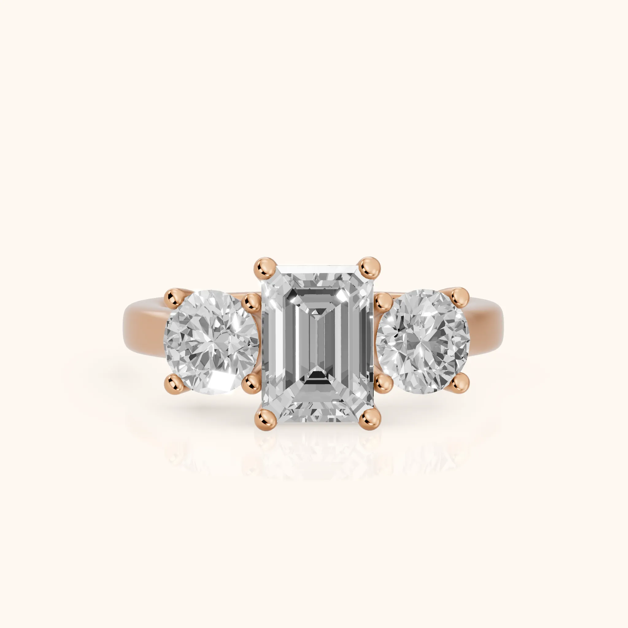 Callie Three-Stone Trellis Emerald Diamond Ring in Rose Gold — view 1