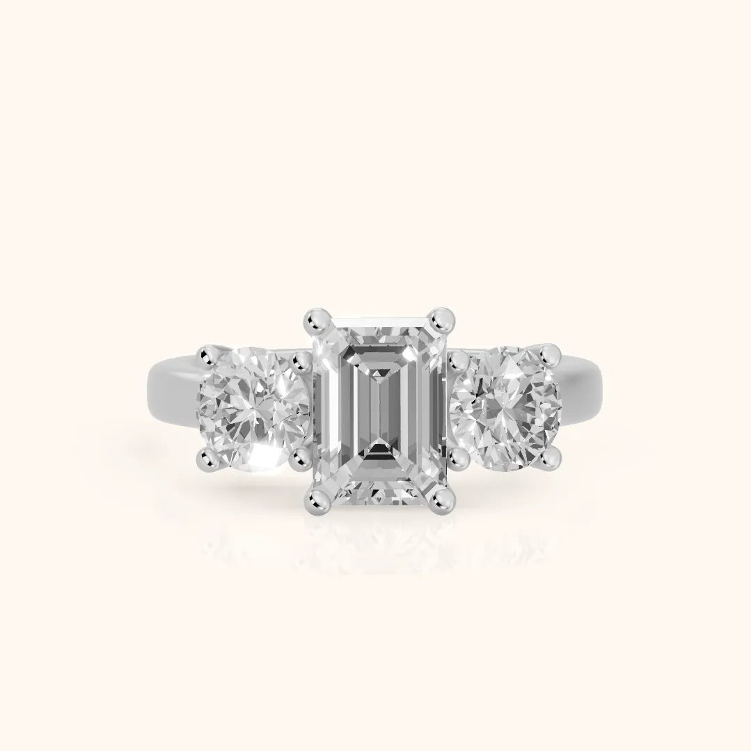 Callie Three-Stone Trellis Emerald Diamond Ring in Platinum — view 2