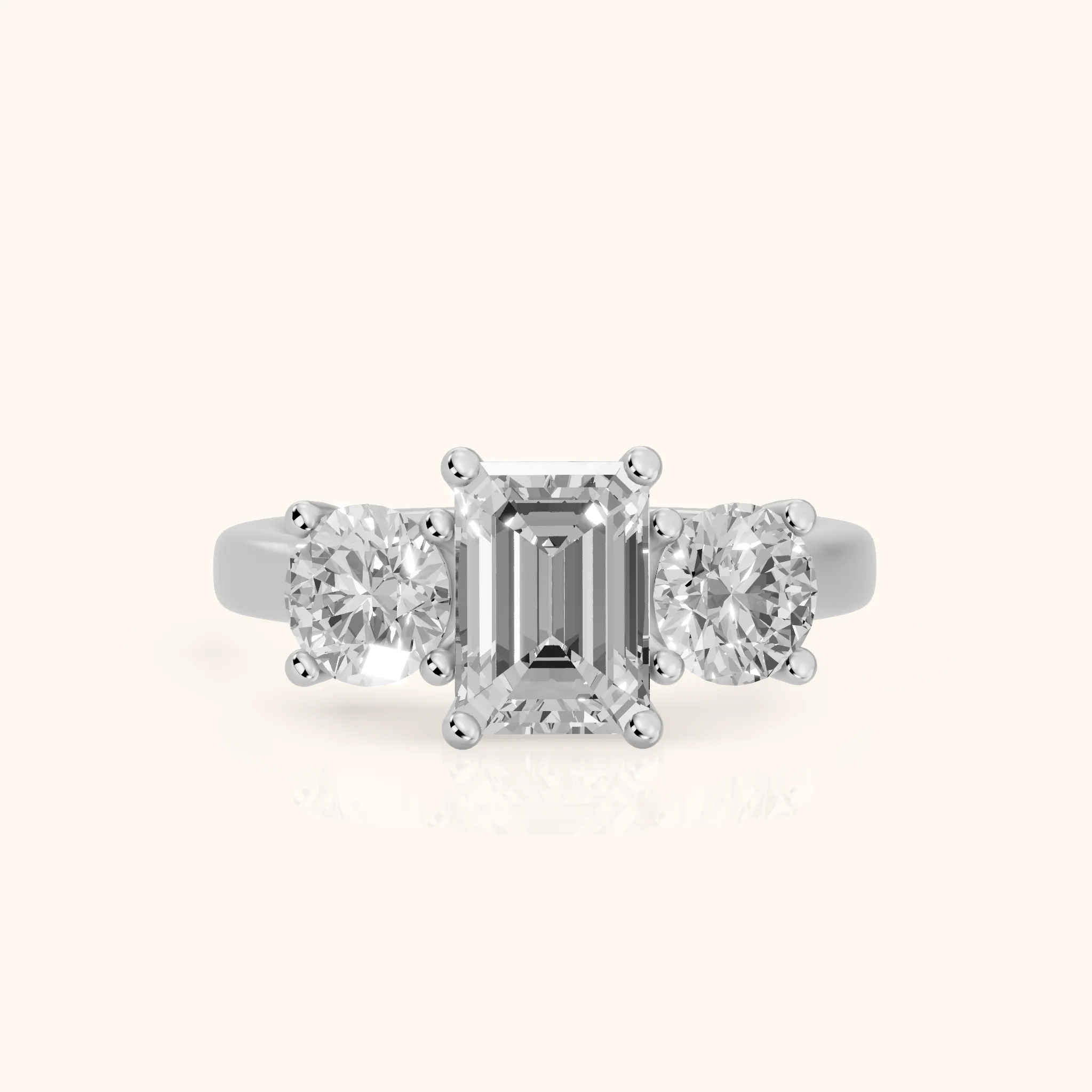 Callie Three-Stone Trellis Emerald Diamond Ring in Platinum — view 1