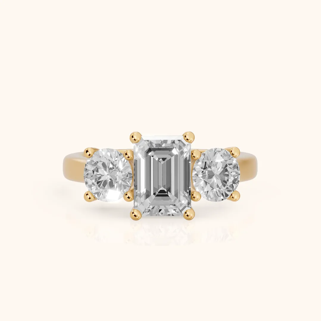 Callie Three-Stone Trellis Emerald Diamond Ring in Yellow Gold — view 2