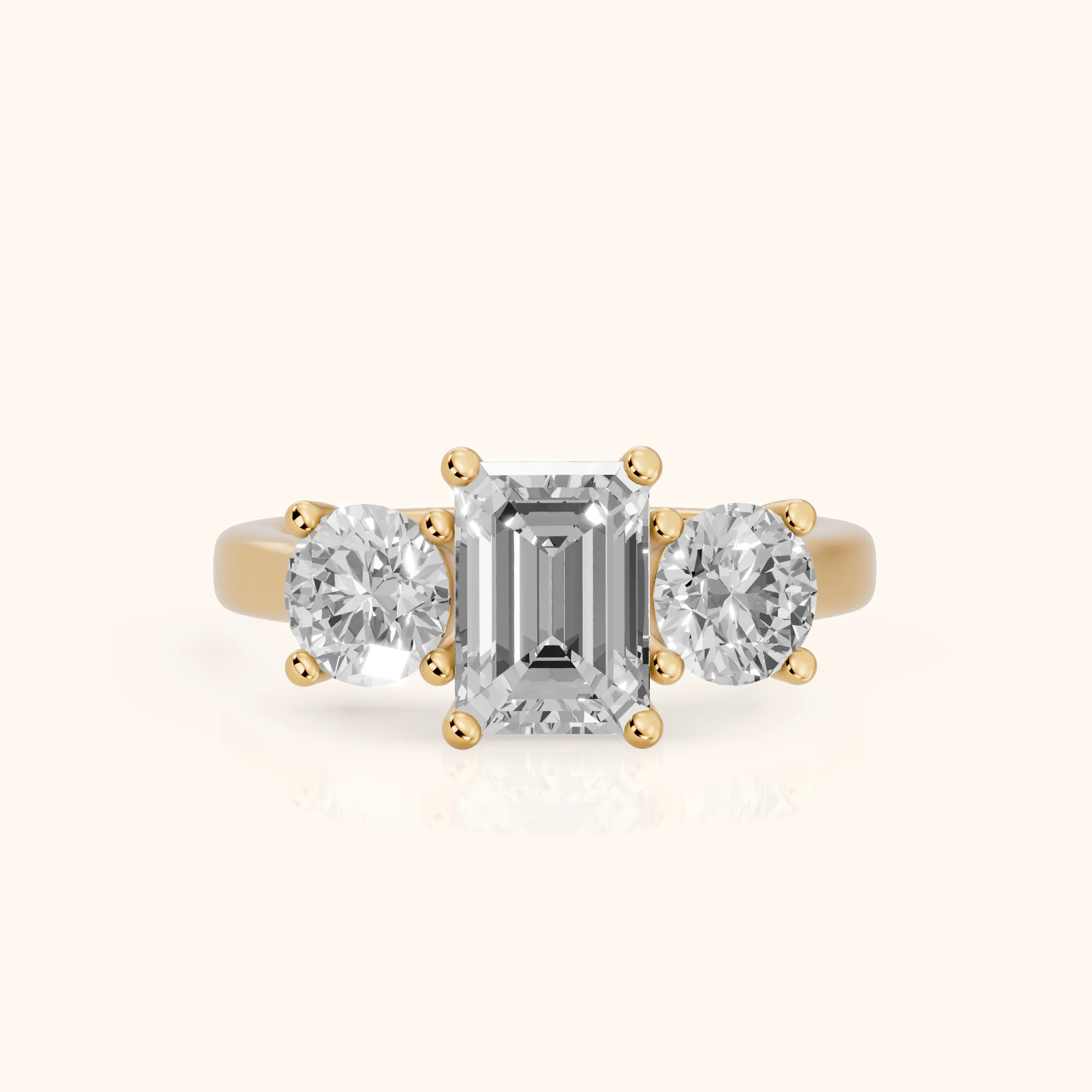 Callie Three-Stone Trellis Emerald Diamond Ring in Yellow Gold — view 1
