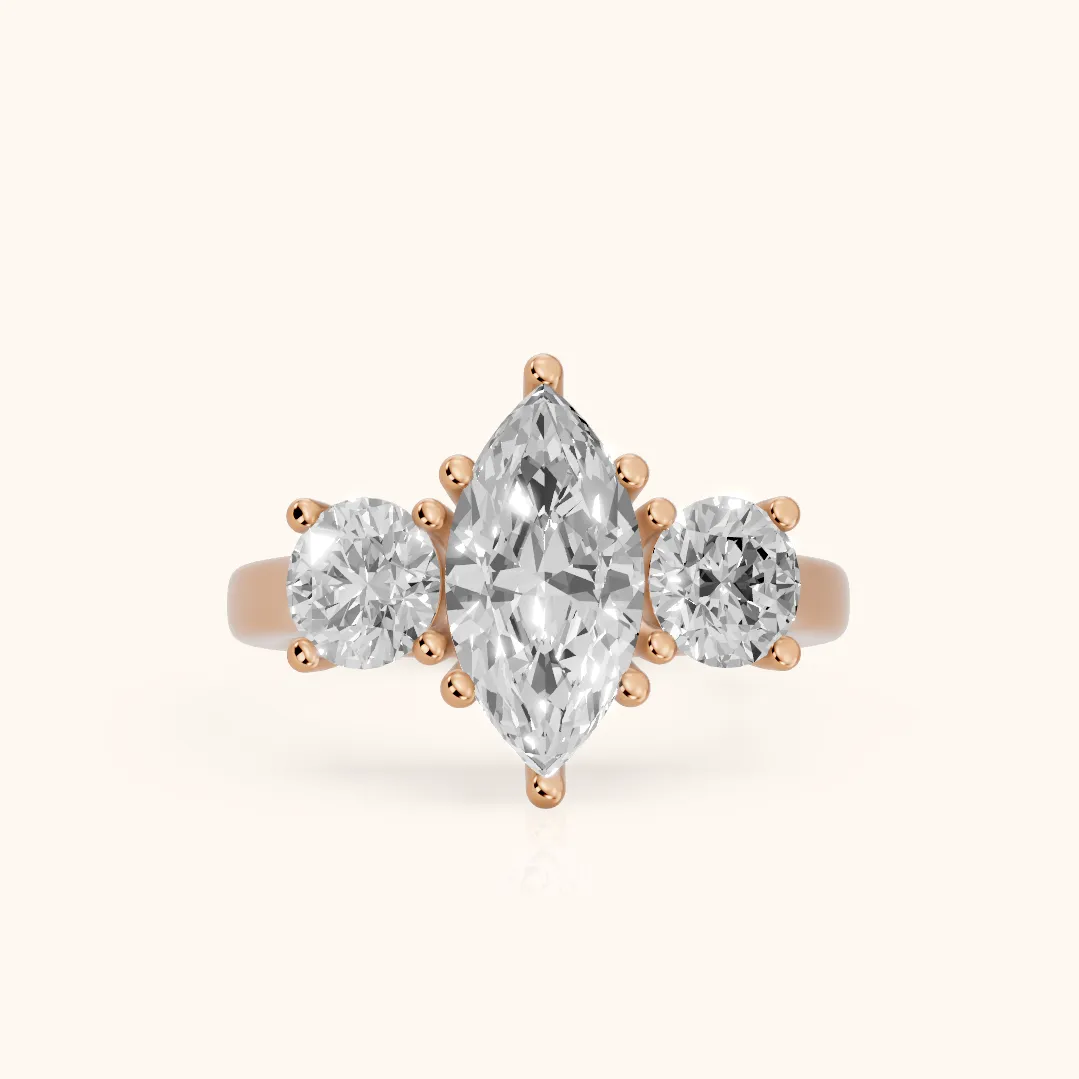 Callie Three-Stone Trellis Marquise Diamond Engagement Ring in Rose Gold — view 2