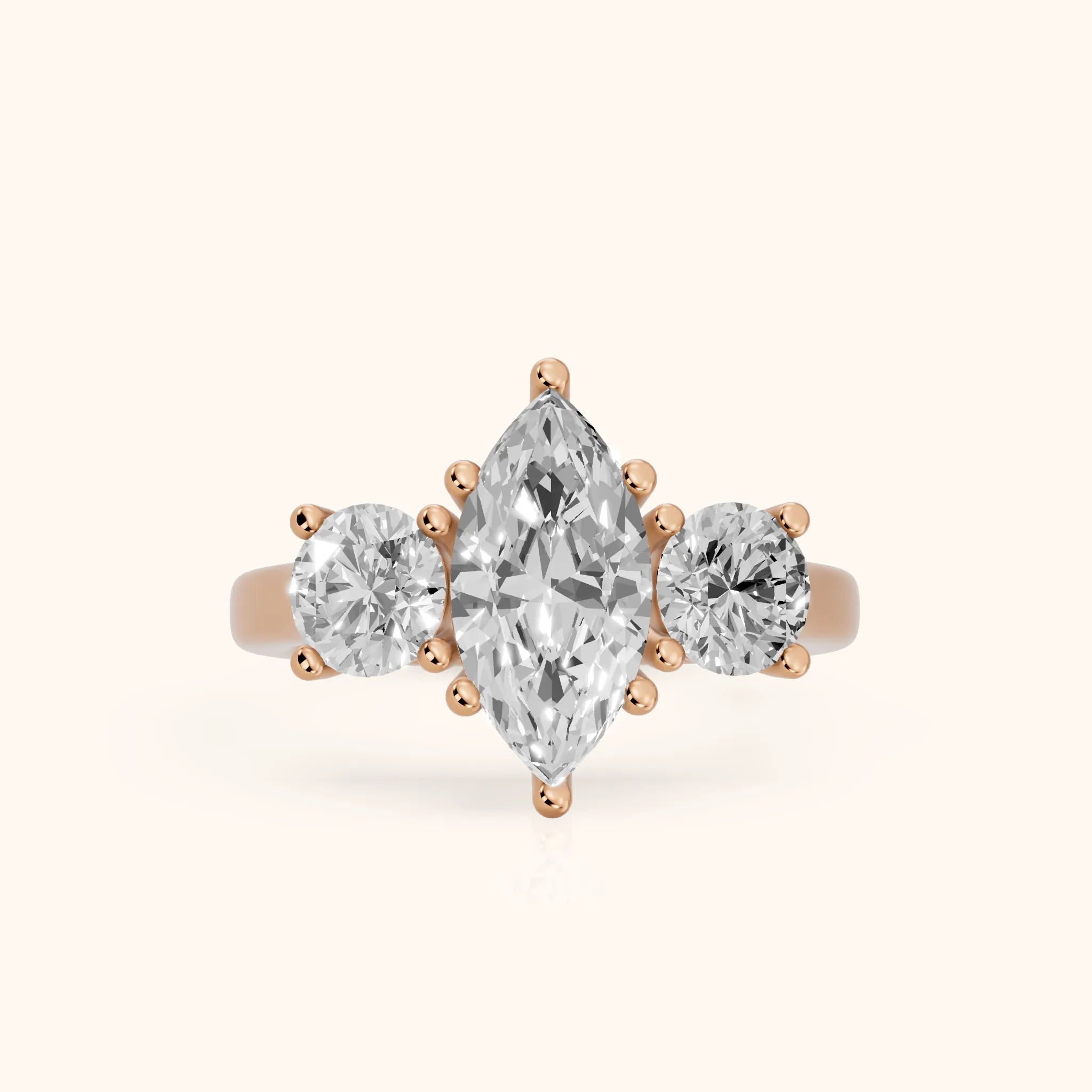 Callie Three-Stone Trellis Marquise Diamond Engagement Ring in Rose Gold — view 1