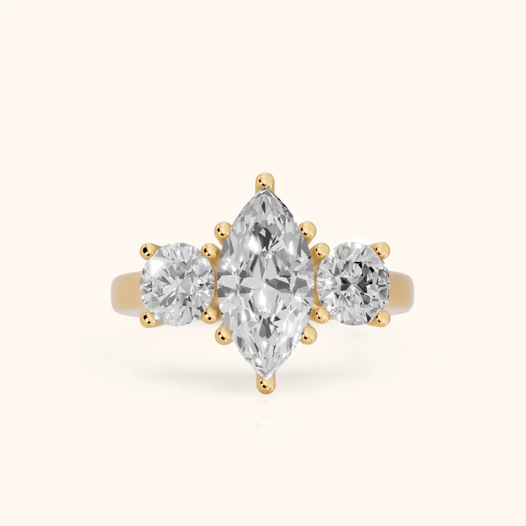 Callie Three-Stone Trellis Marquise Diamond Engagement Ring in Yellow Gold — view 2