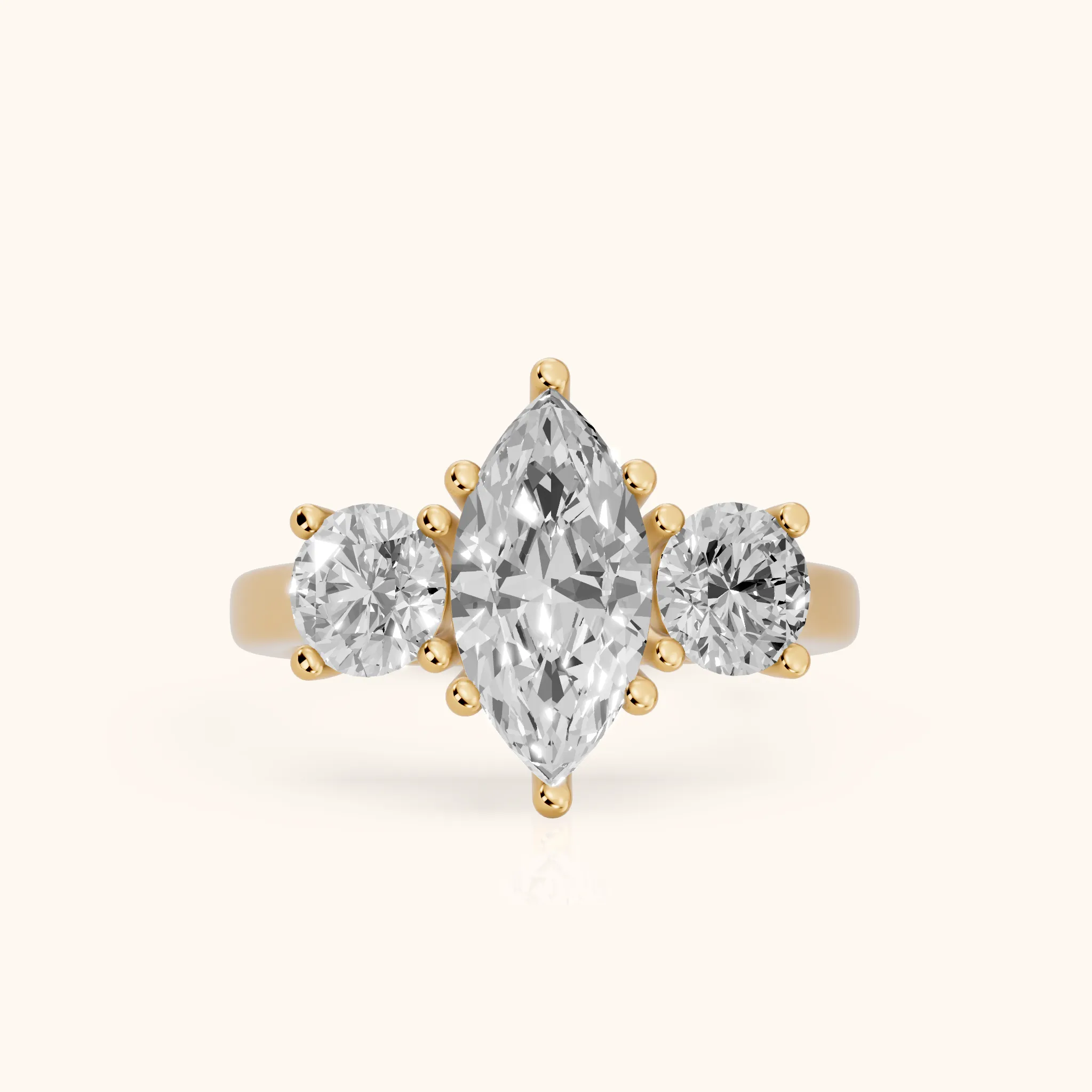 Callie Three-Stone Trellis Marquise Diamond Engagement Ring in Yellow Gold — view 1