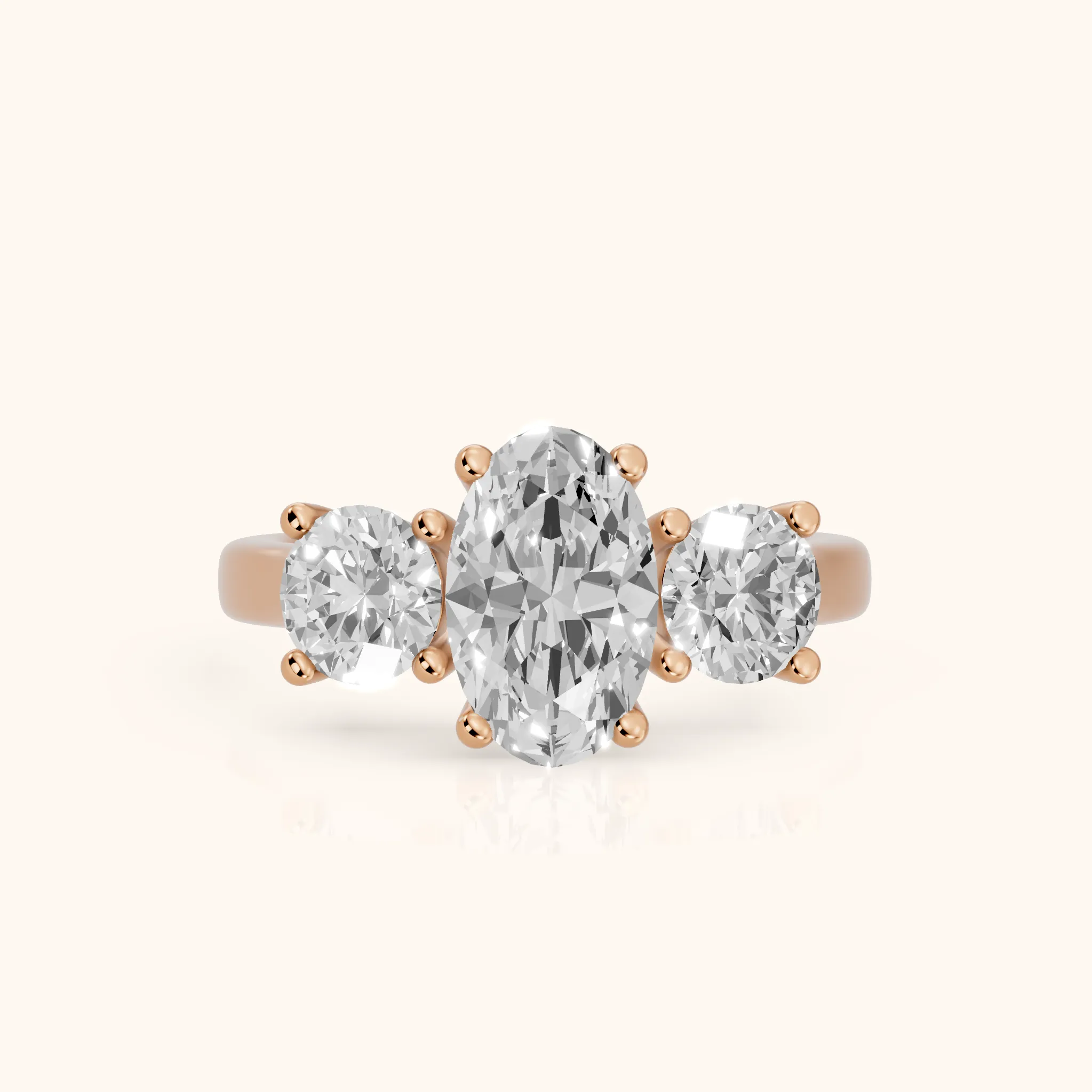 Callie Three-Stone Trellis Oval Diamond Engagement Ring in Rose Gold — view 1