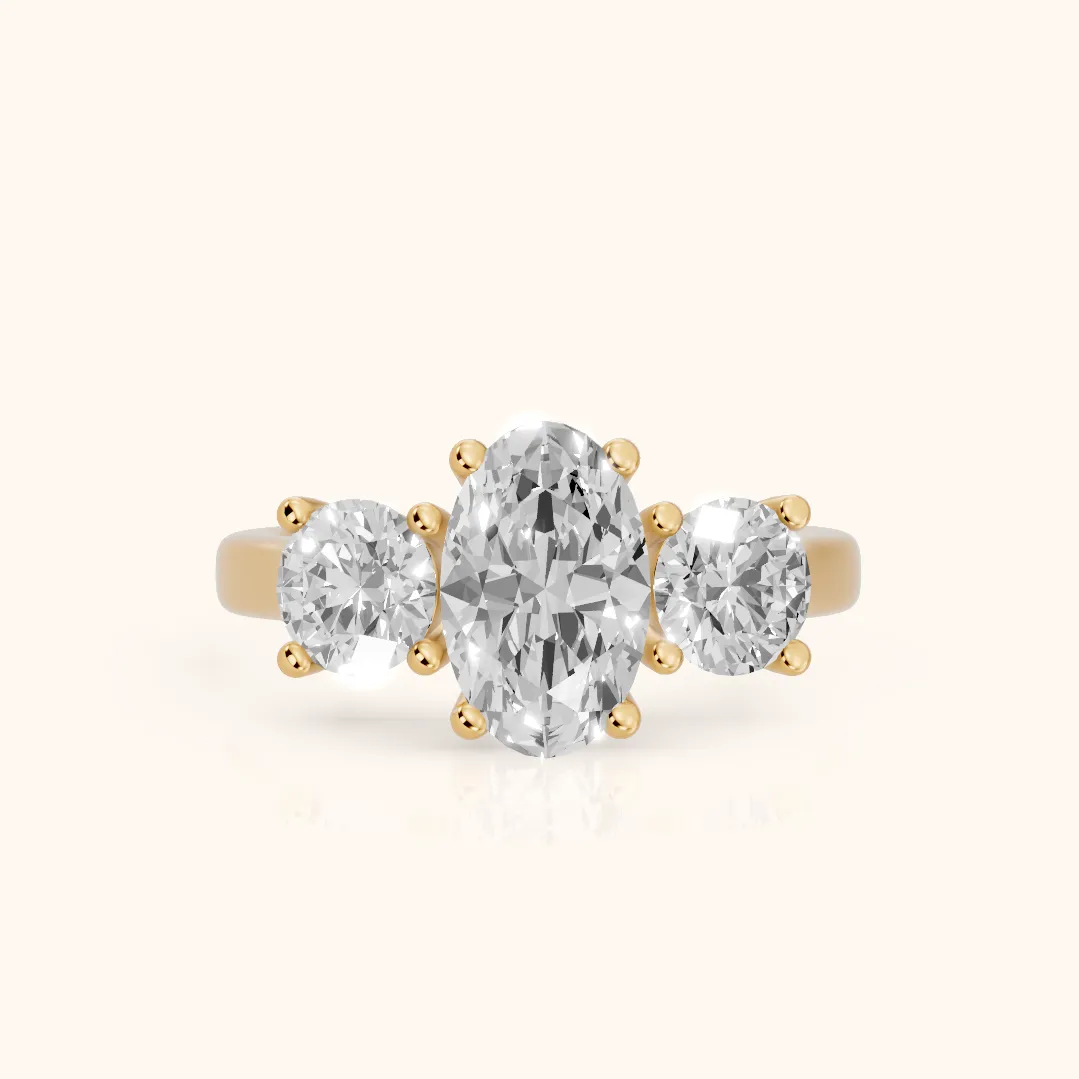 Callie Three-Stone Trellis Oval Diamond Engagement Ring in Yellow Gold — view 2