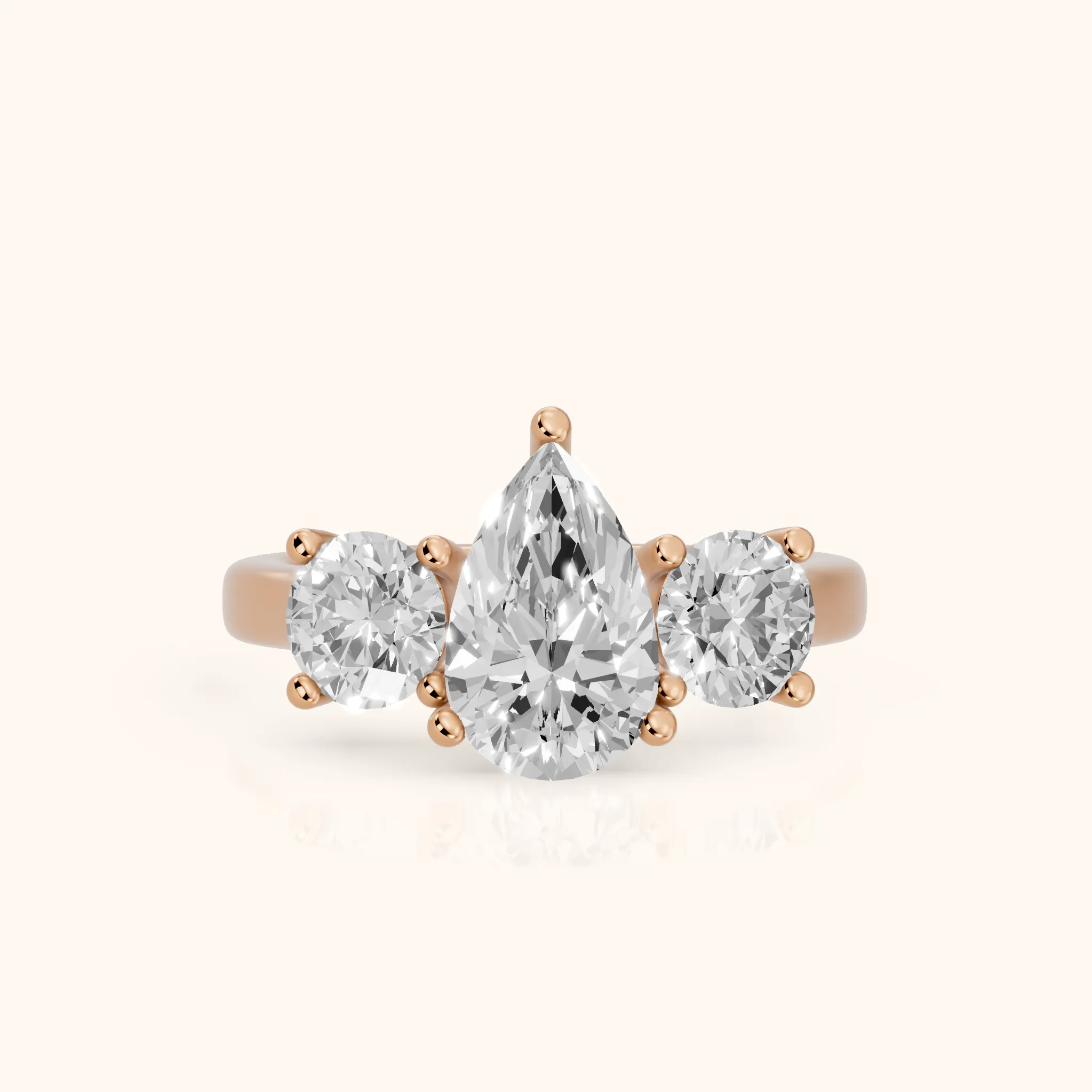 Callie Three-Stone Trellis Pear Diamond Engagement Ring in Rose Gold — view 1
