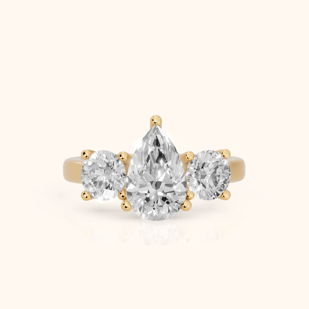 Callie Three-Stone Trellis Pear Diamond Engagement Ring in Yellow Gold — view 2