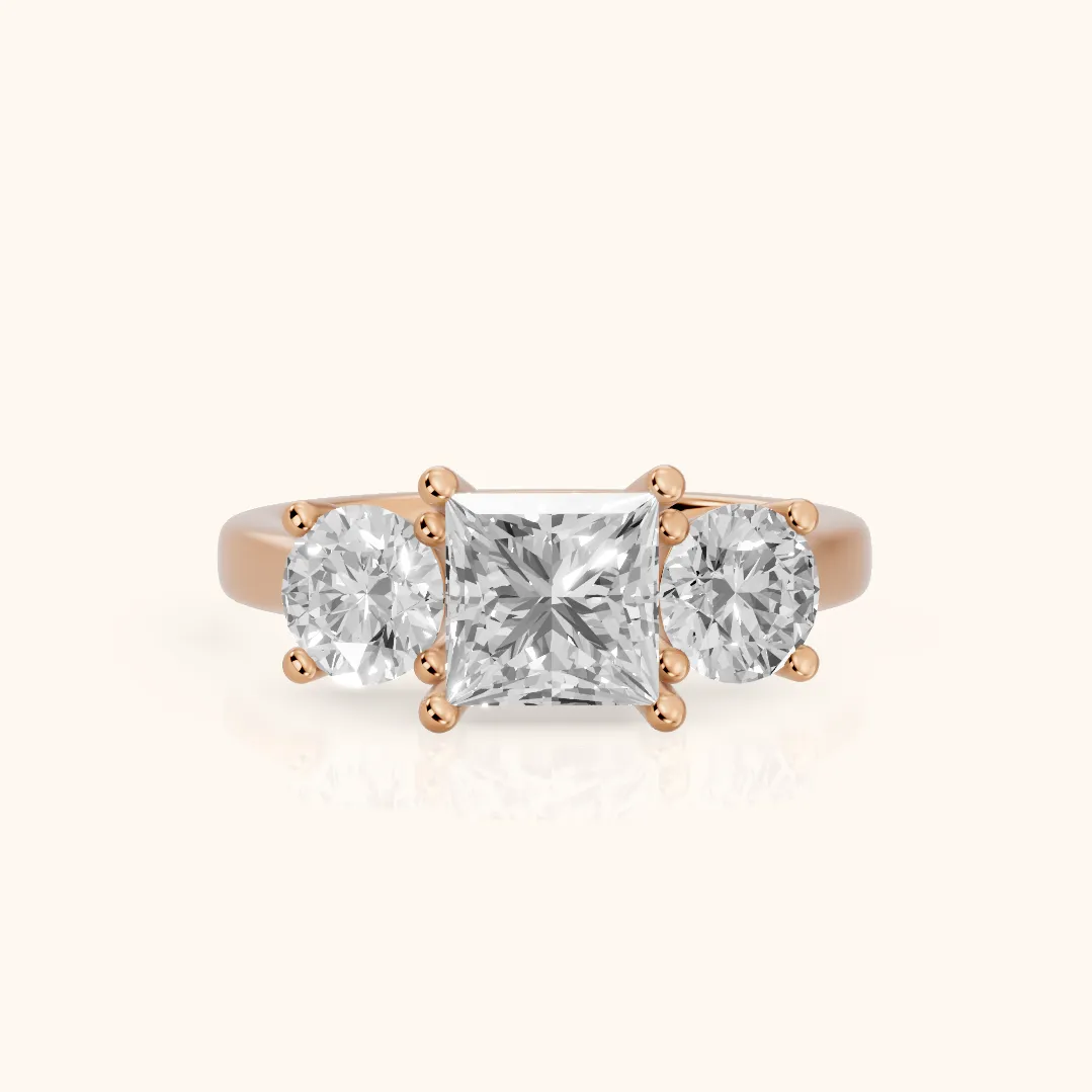 Callie Three-Stone Trellis Princess Diamond Engagement Ring in Rose Gold — view 2