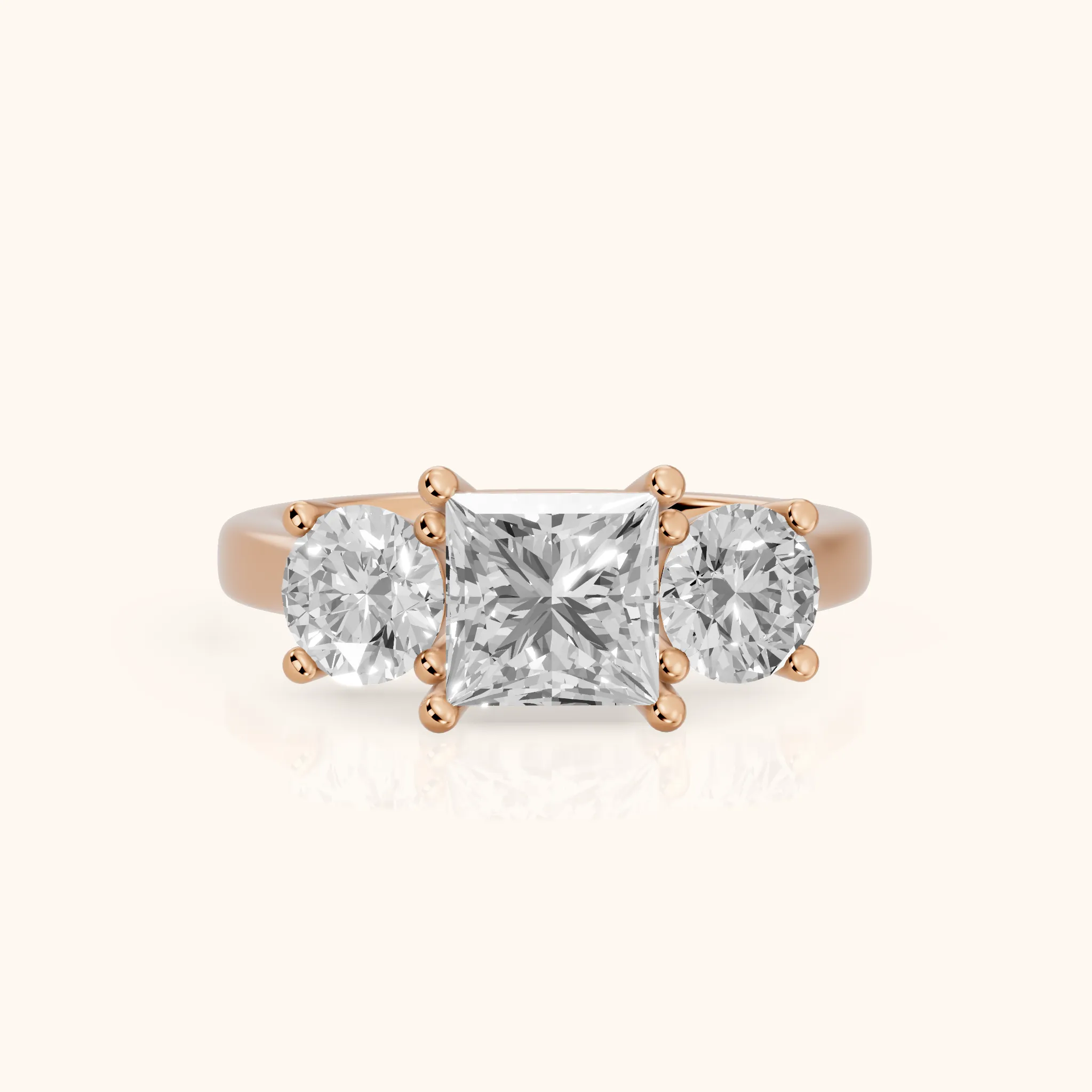 Callie Three-Stone Trellis Princess Diamond Engagement Ring in Rose Gold — view 1