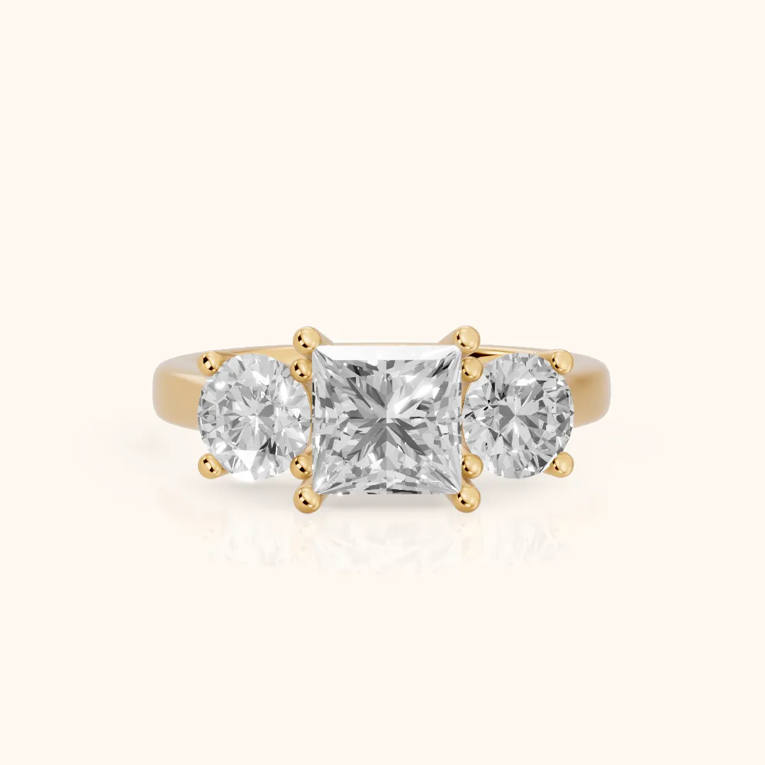 Callie Three-Stone Trellis Princess Diamond Engagement Ring in Yellow Gold — view 2