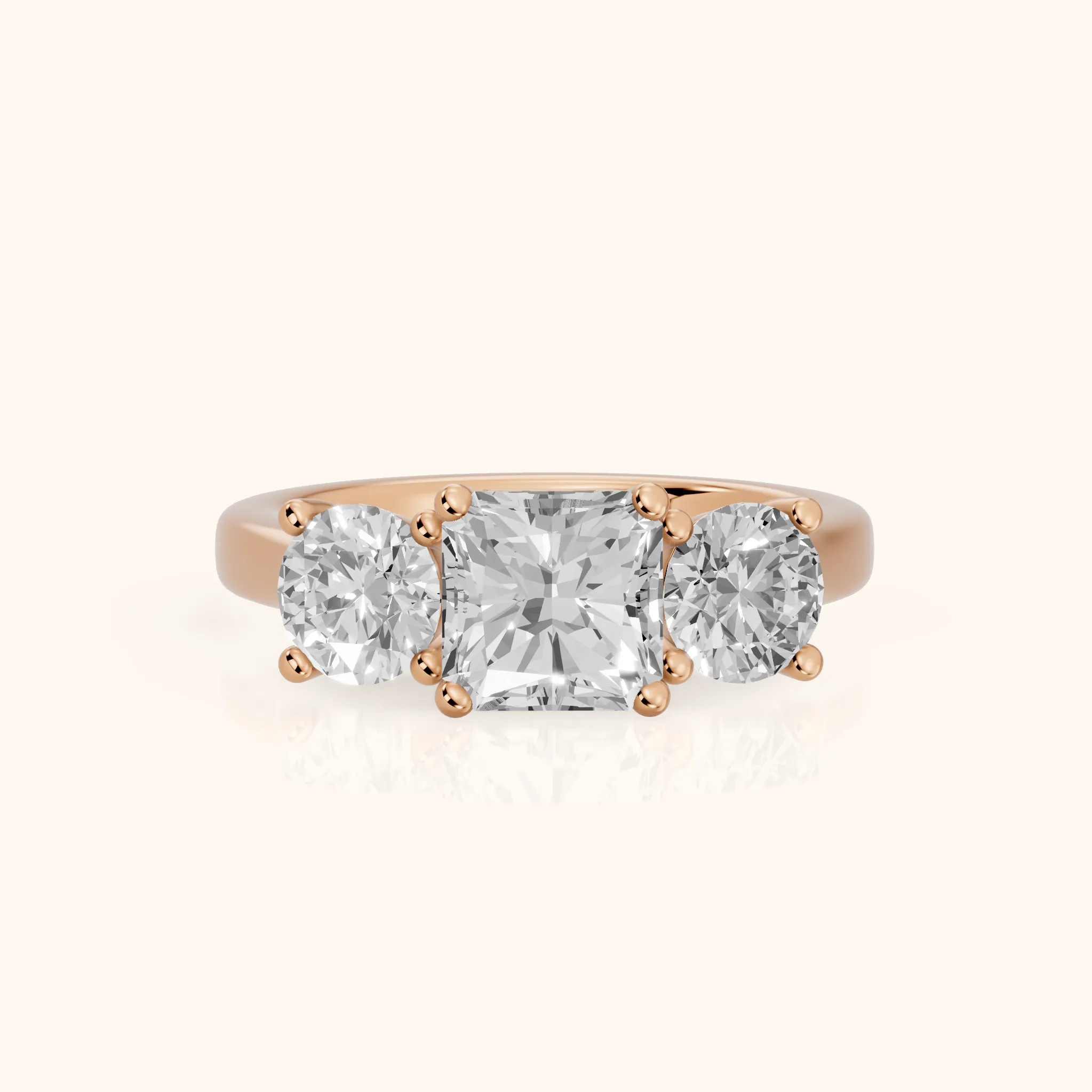 Callie Three-Stone Trellis Radiant Diamond Engagement Ring in Rose Gold — view 1