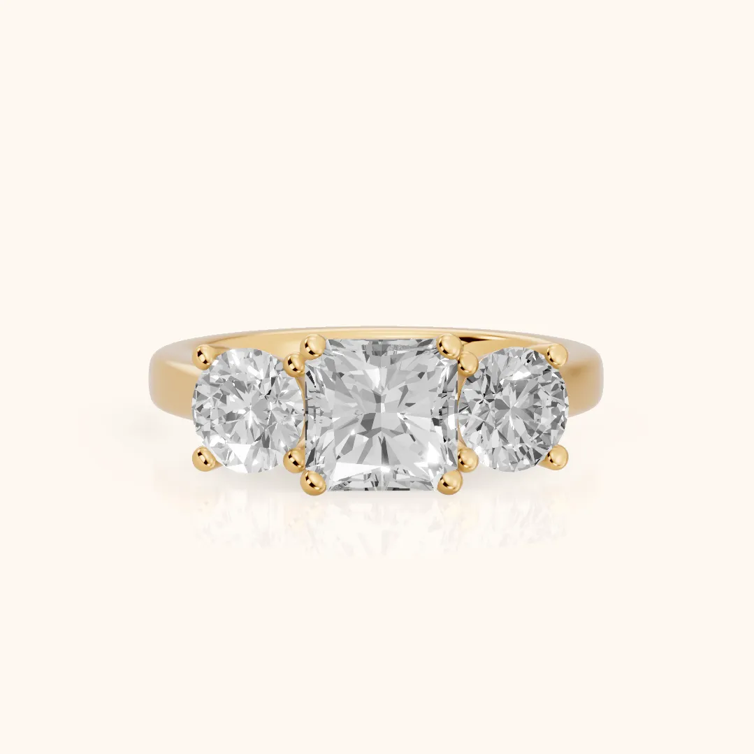 Callie Three-Stone Trellis Radiant Diamond Engagement Ring in Yellow Gold — view 2