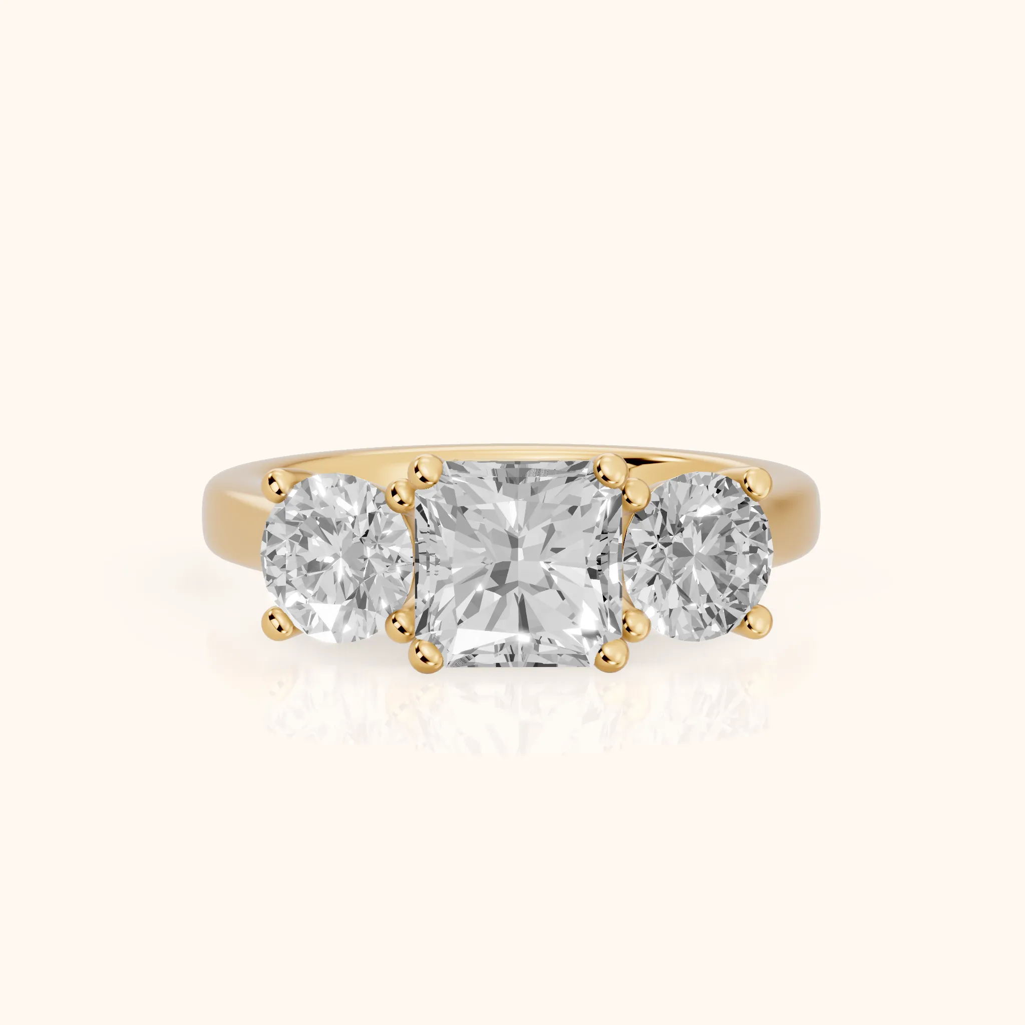 Callie Three-Stone Trellis Radiant Diamond Engagement Ring in Yellow Gold — view 1