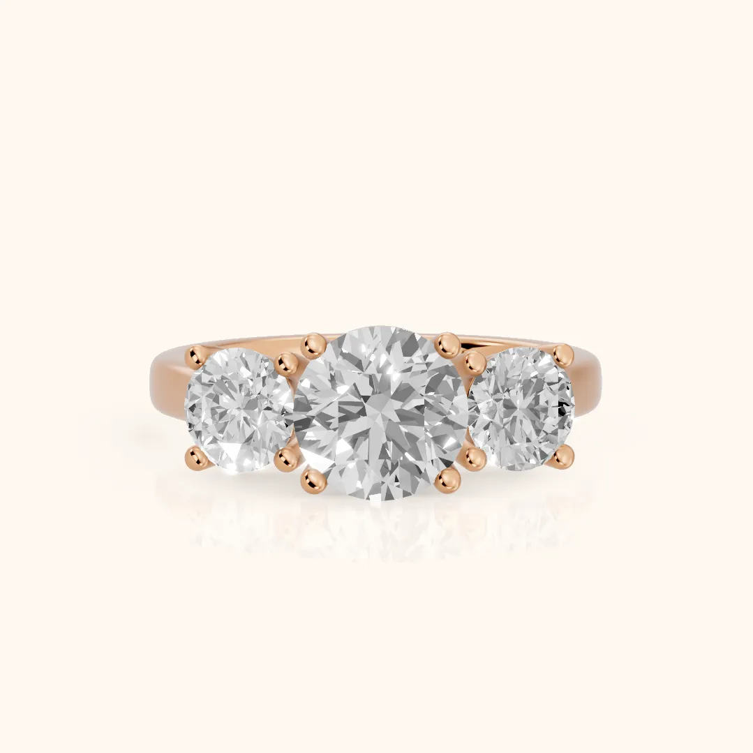 Callie Three-Stone Trellis Round Diamond Engagement Ring in Rose Gold — view 2
