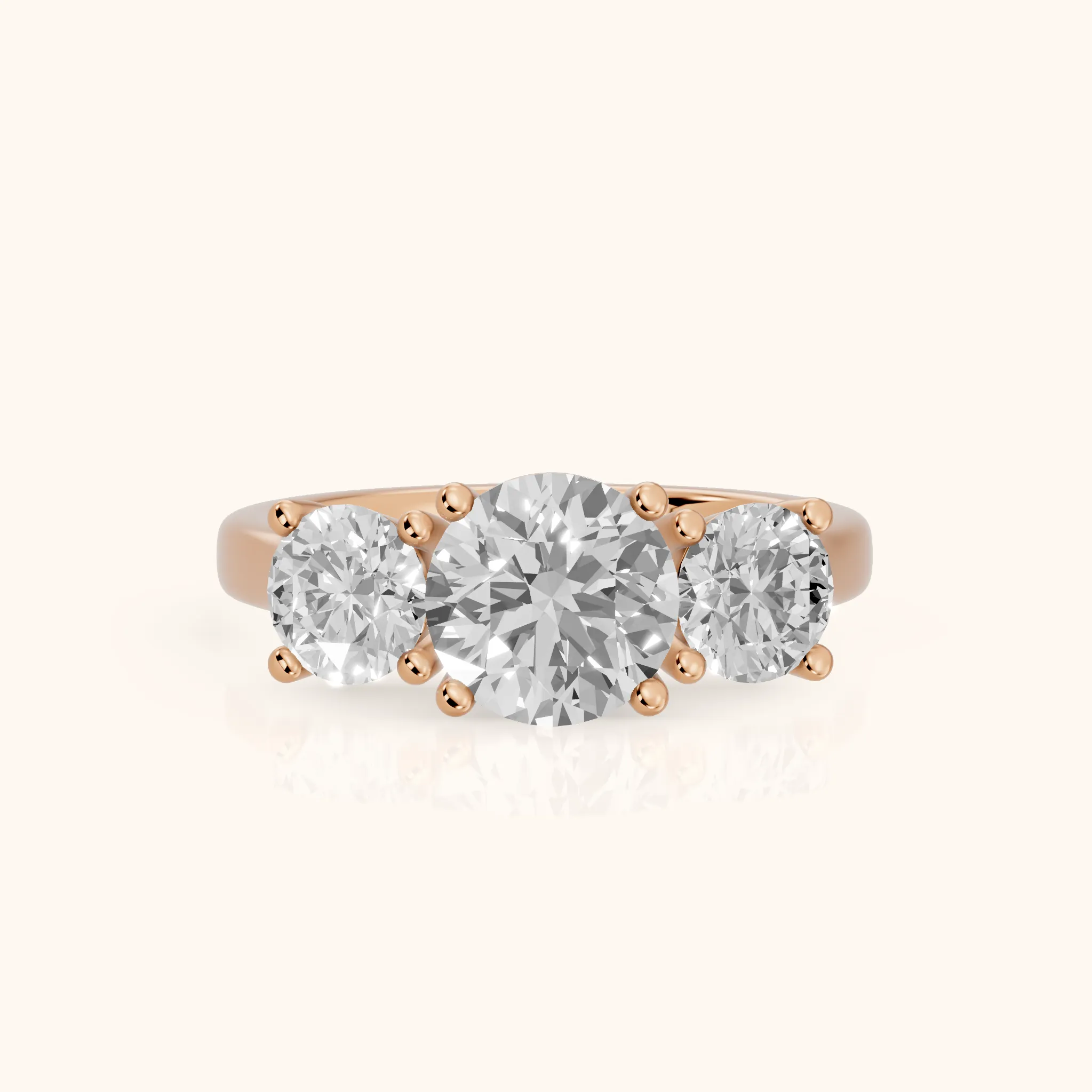 Callie Three-Stone Trellis Round Diamond Engagement Ring in Rose Gold — view 1