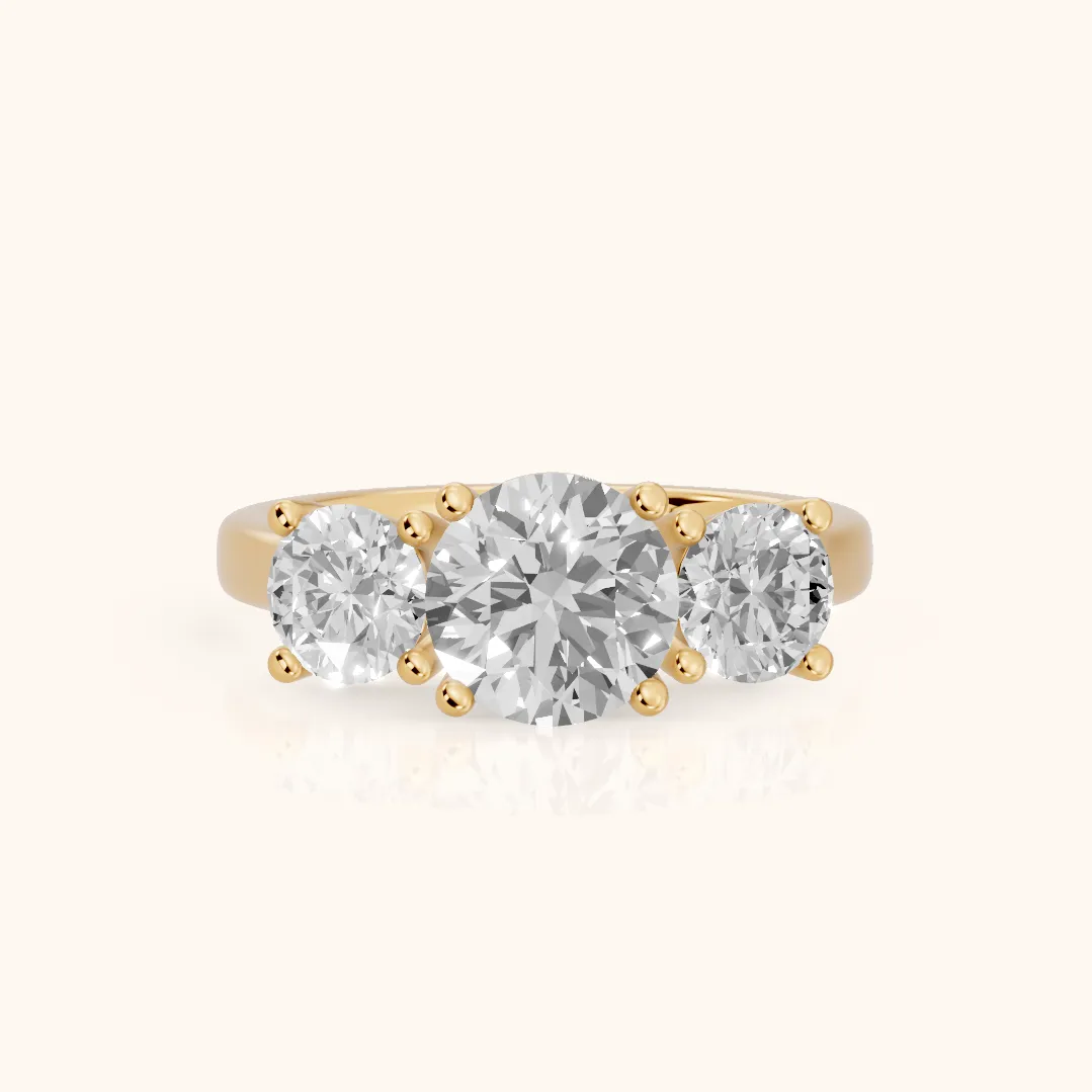 Callie Three-Stone Trellis Round Diamond Engagement Ring in Yellow Gold — view 2