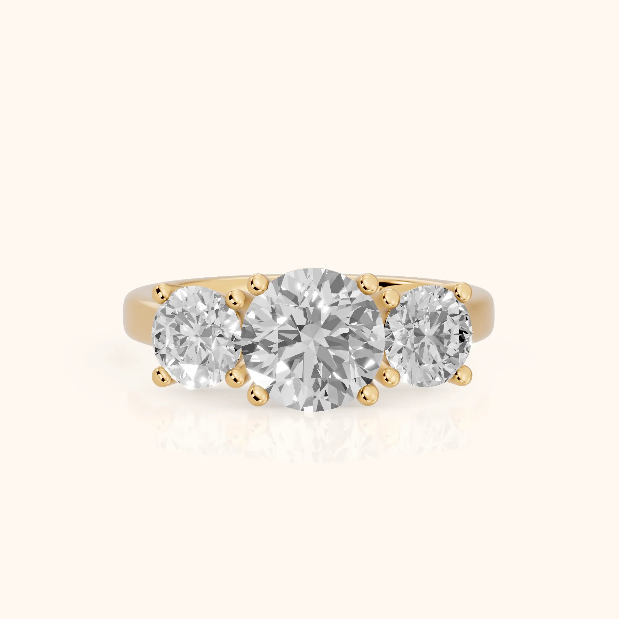Callie Three-Stone Trellis Round Diamond Engagement Ring in Yellow Gold — view 1