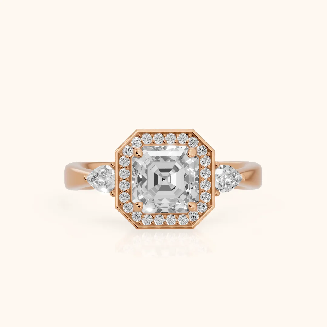 Eliza Halo Sidestone Asscher Diamond Engagement Ring in Rose Gold — view 2