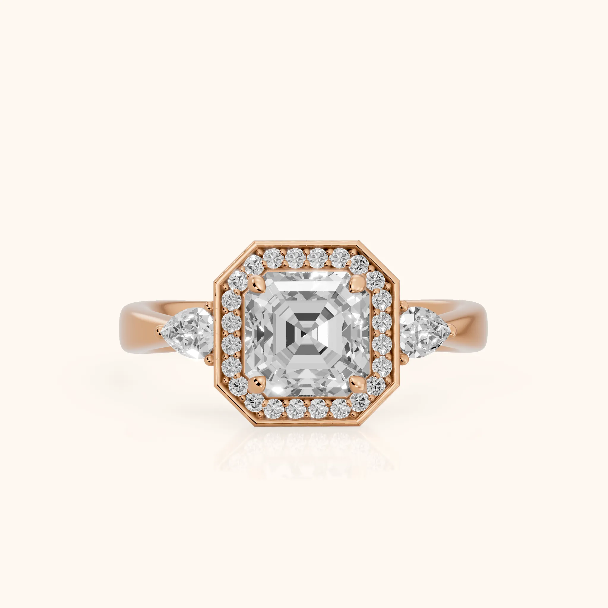 Eliza Halo Sidestone Asscher Diamond Engagement Ring in Rose Gold — view 1