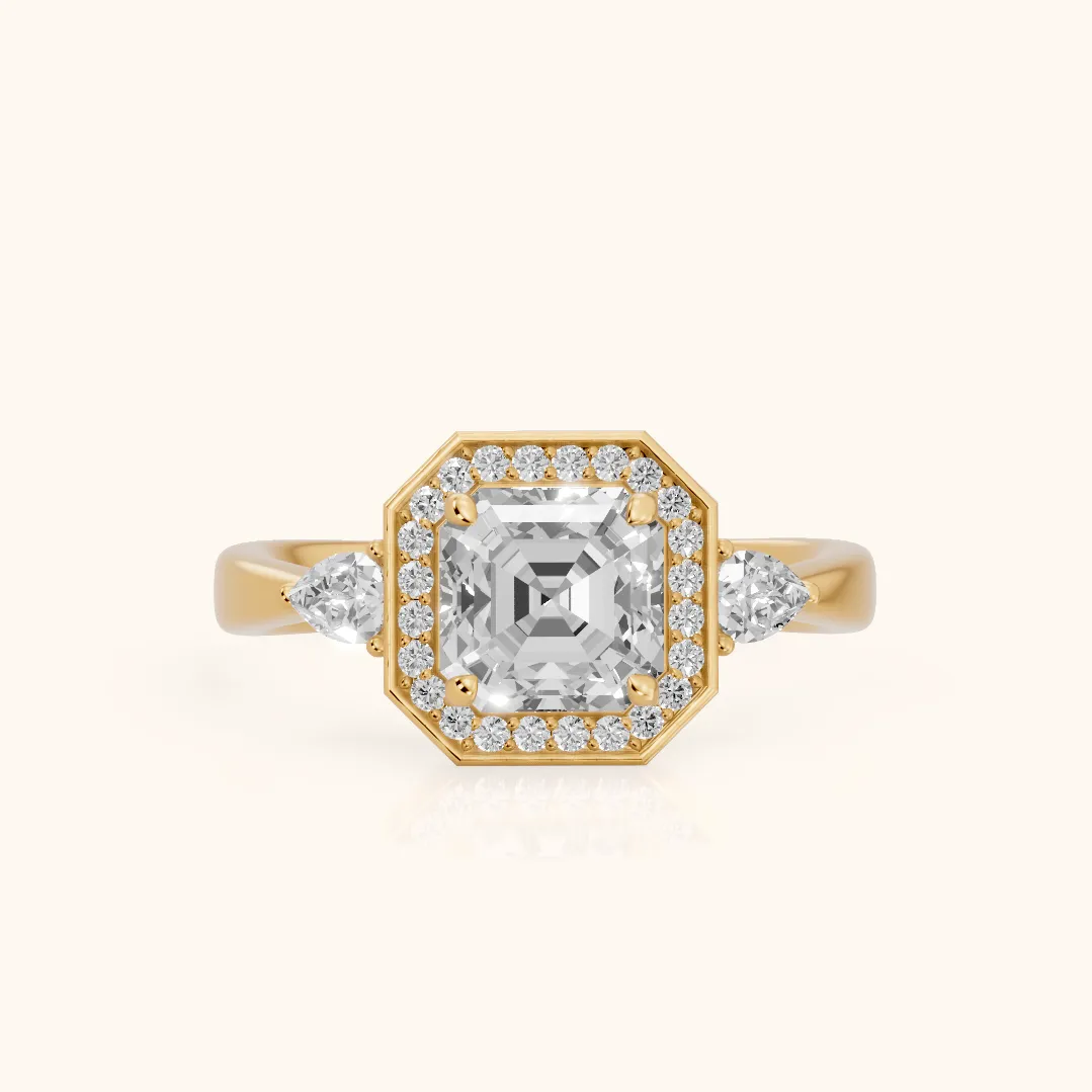 Eliza Halo Sidestone Asscher Diamond Engagement Ring in Yellow Gold — view 2