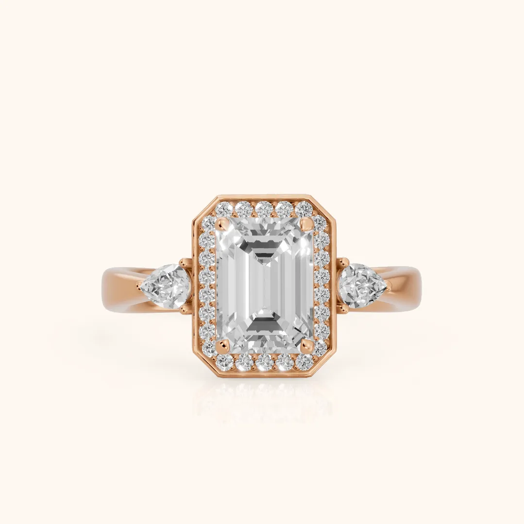 Eliza Halo Sidestone Emerald Diamond Engagement Ring in Rose Gold — view 2