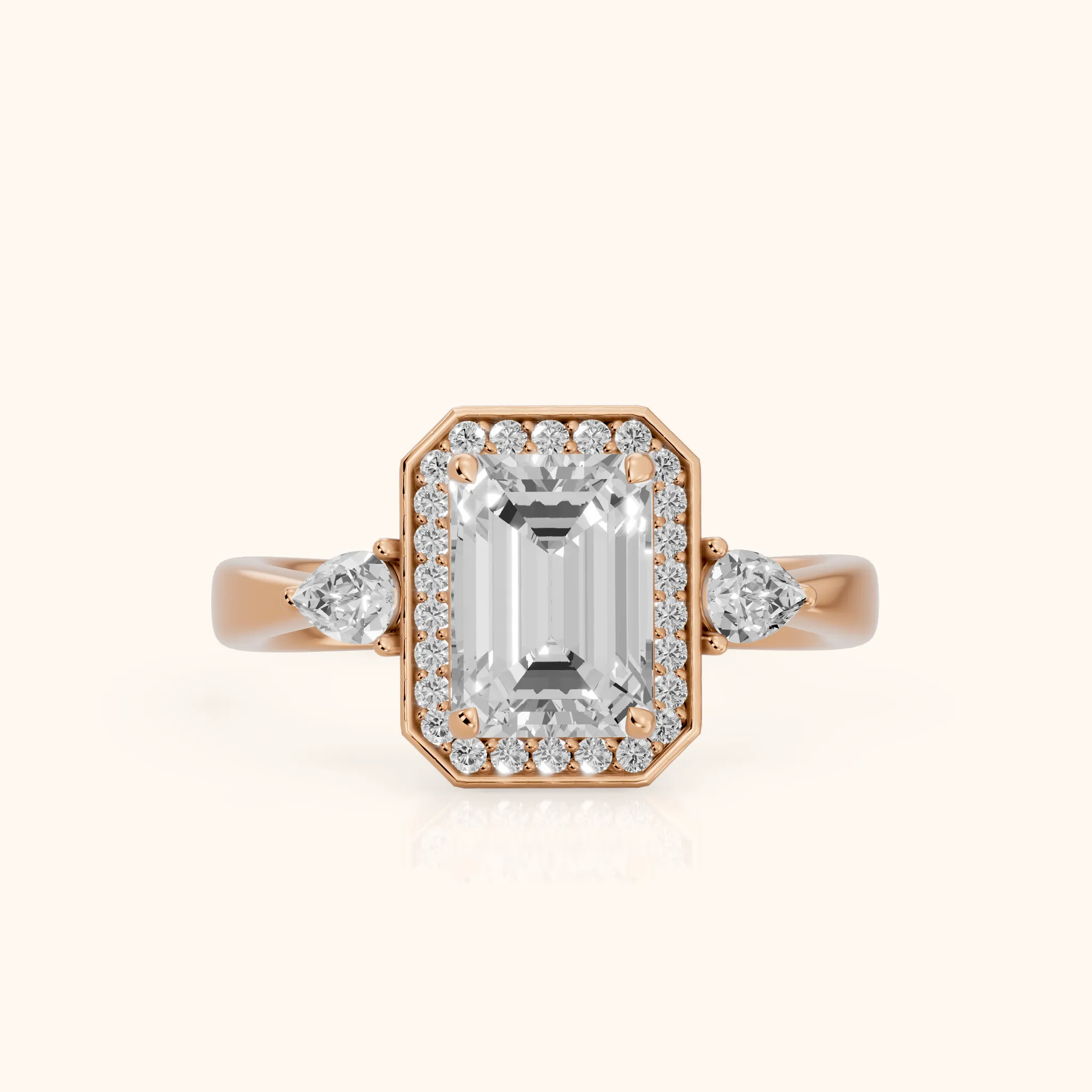 Eliza Halo Sidestone Emerald Diamond Engagement Ring in Rose Gold — view 1
