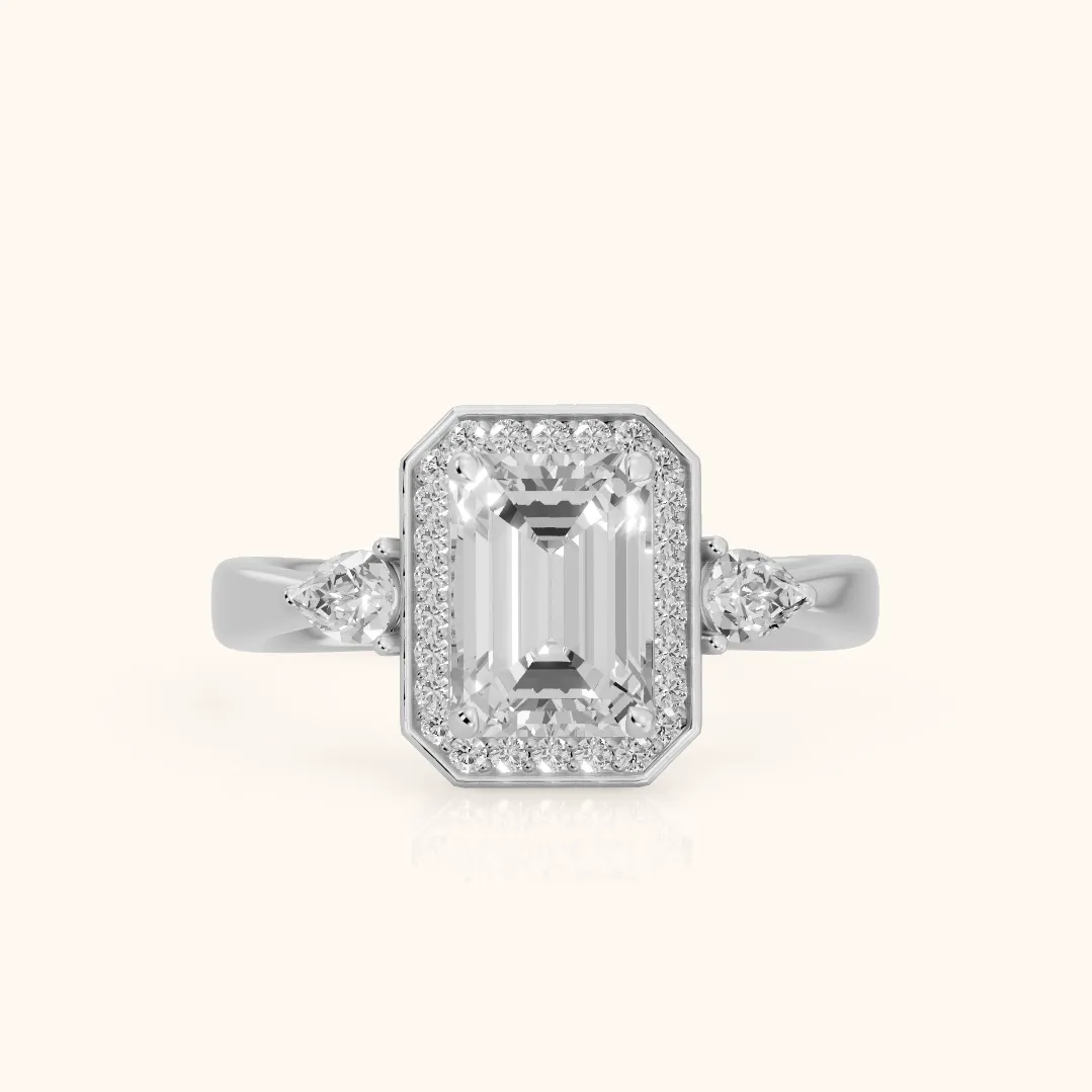 Eliza Halo Sidestone Emerald Diamond Engagement Ring in Silver — view 2