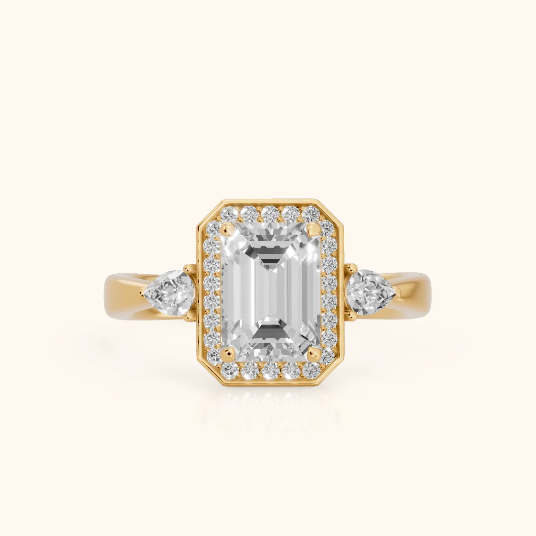 Eliza Halo Sidestone Emerald Diamond Engagement Ring in Yellow Gold — view 2