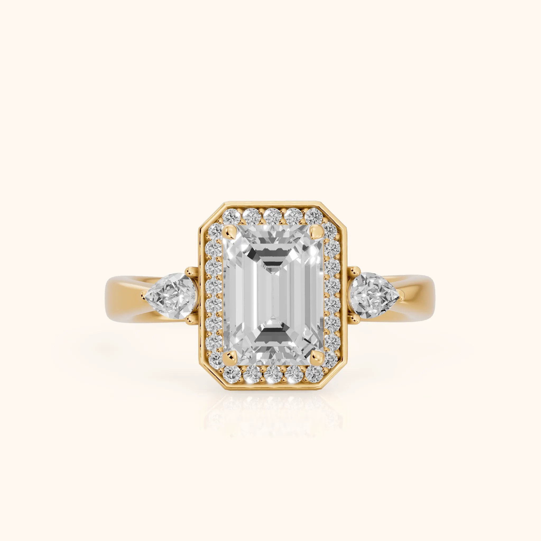Eliza Halo Sidestone Emerald Diamond Engagement Ring in Yellow Gold — view 1