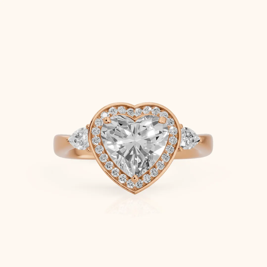 Eliza Halo Sidestone Heart Diamond Engagement Ring in Rose Gold — view 2