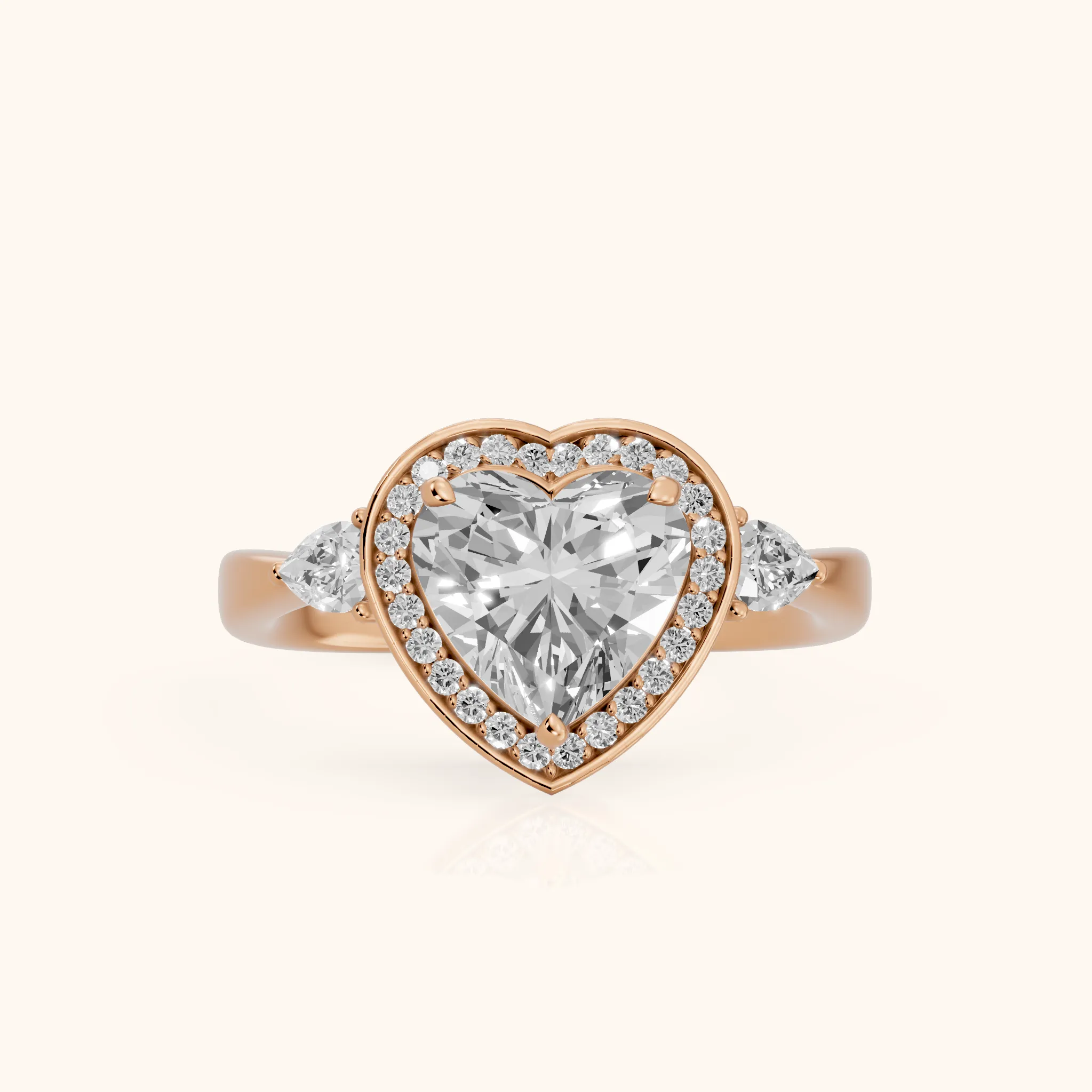 Eliza Halo Sidestone Heart Diamond Engagement Ring in Rose Gold — view 1