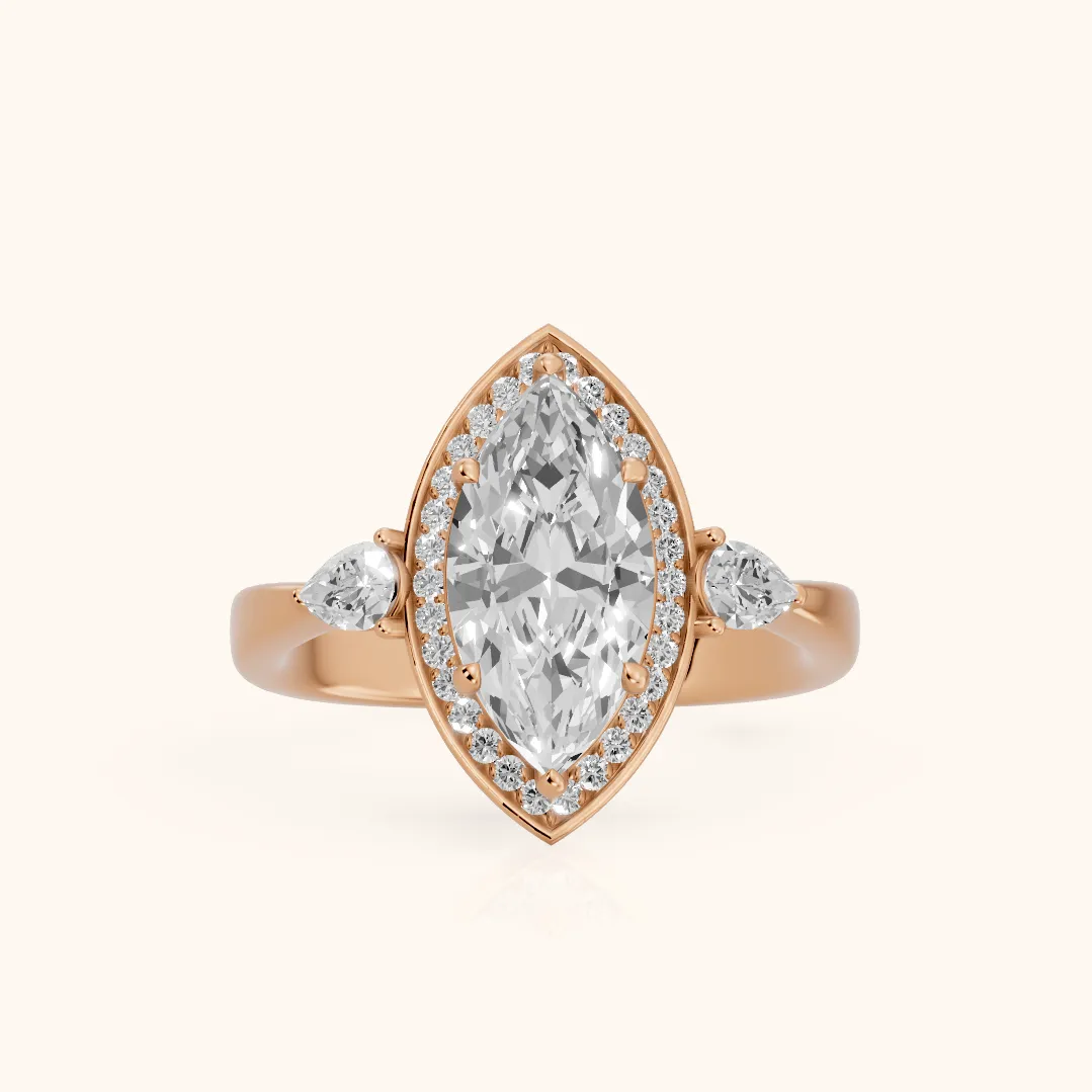 Eliza Halo Sidestone Marquise Diamond Engagement Ring in Rose Gold — view 2