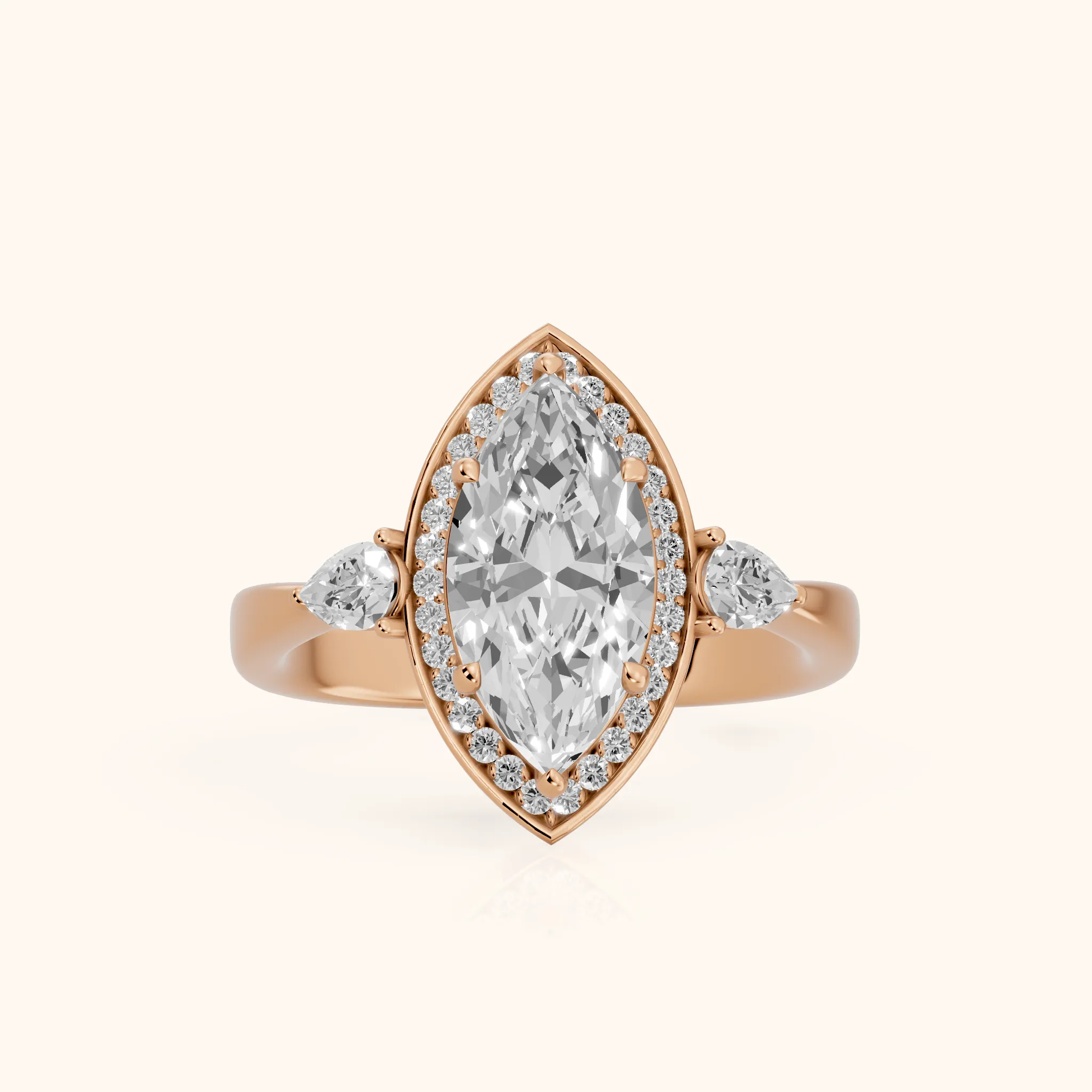 Eliza Halo Sidestone Marquise Diamond Engagement Ring in Rose Gold — view 1